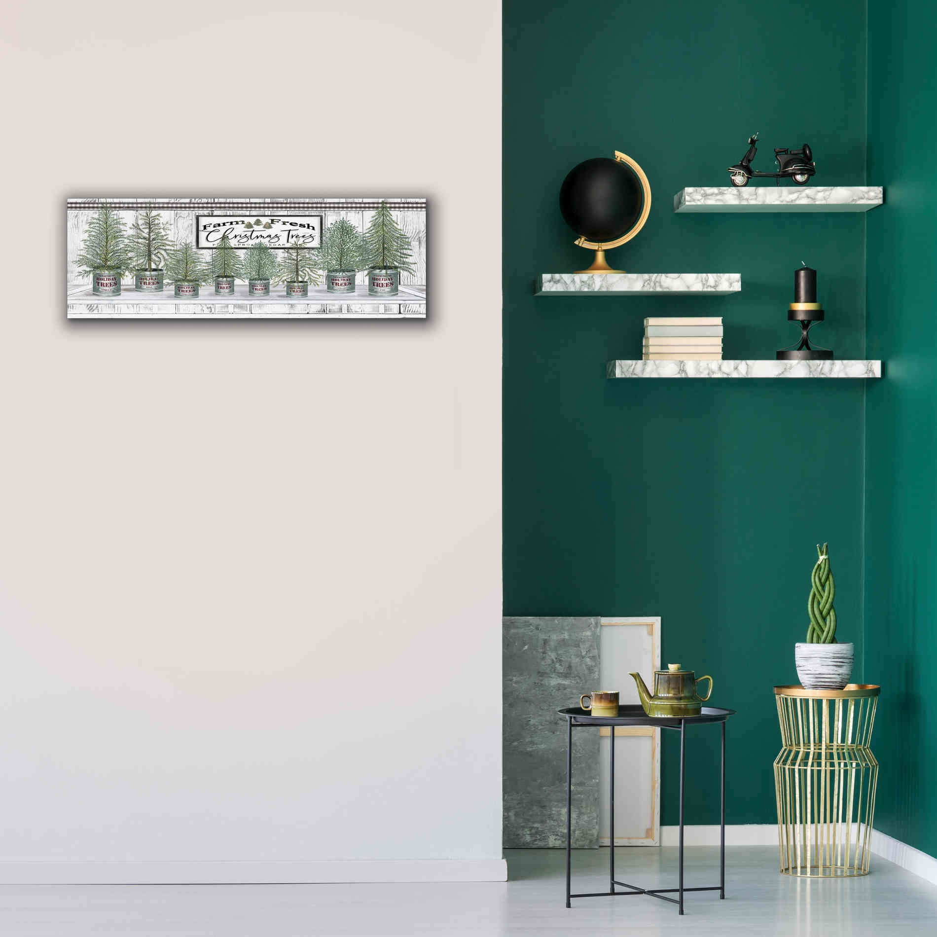 'Galvanized Pots White Christmas Trees I' by Cindy Jacobs, Canvas Wall Art,36 x 12