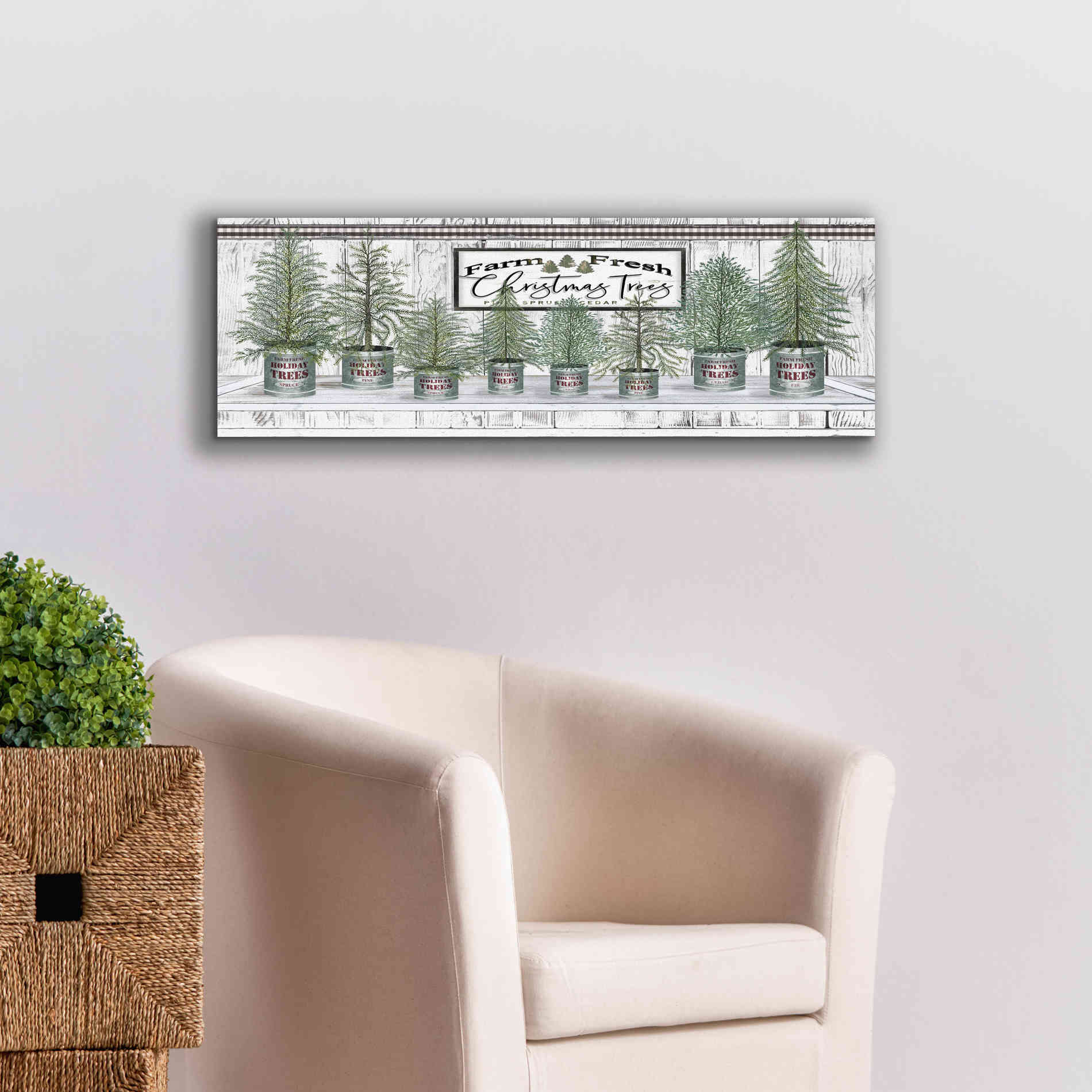 'Galvanized Pots White Christmas Trees I' by Cindy Jacobs, Canvas Wall Art,36 x 12