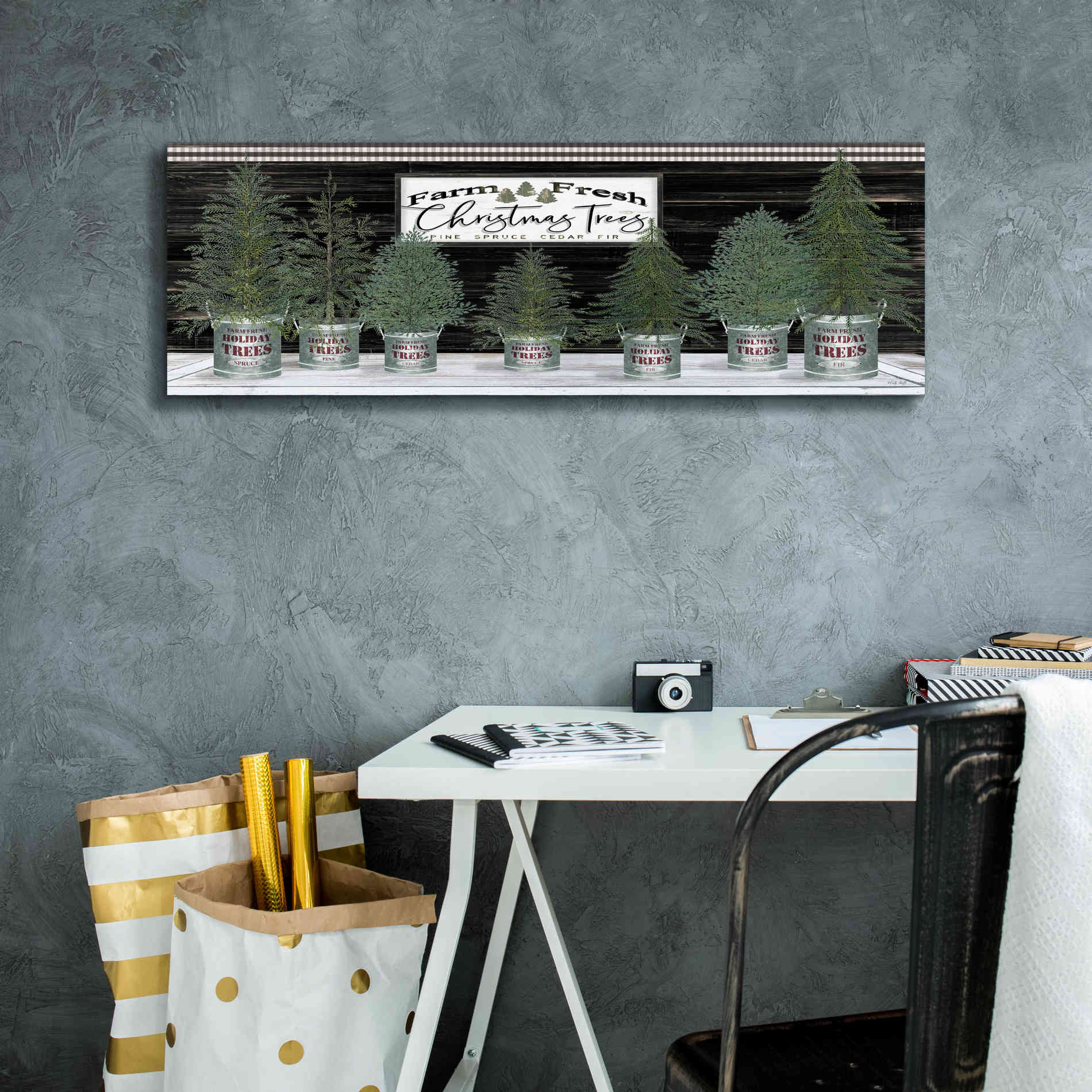 'Galvanized Pots Christmas Trees I' by Cindy Jacobs, Canvas Wall Art,36 x 12