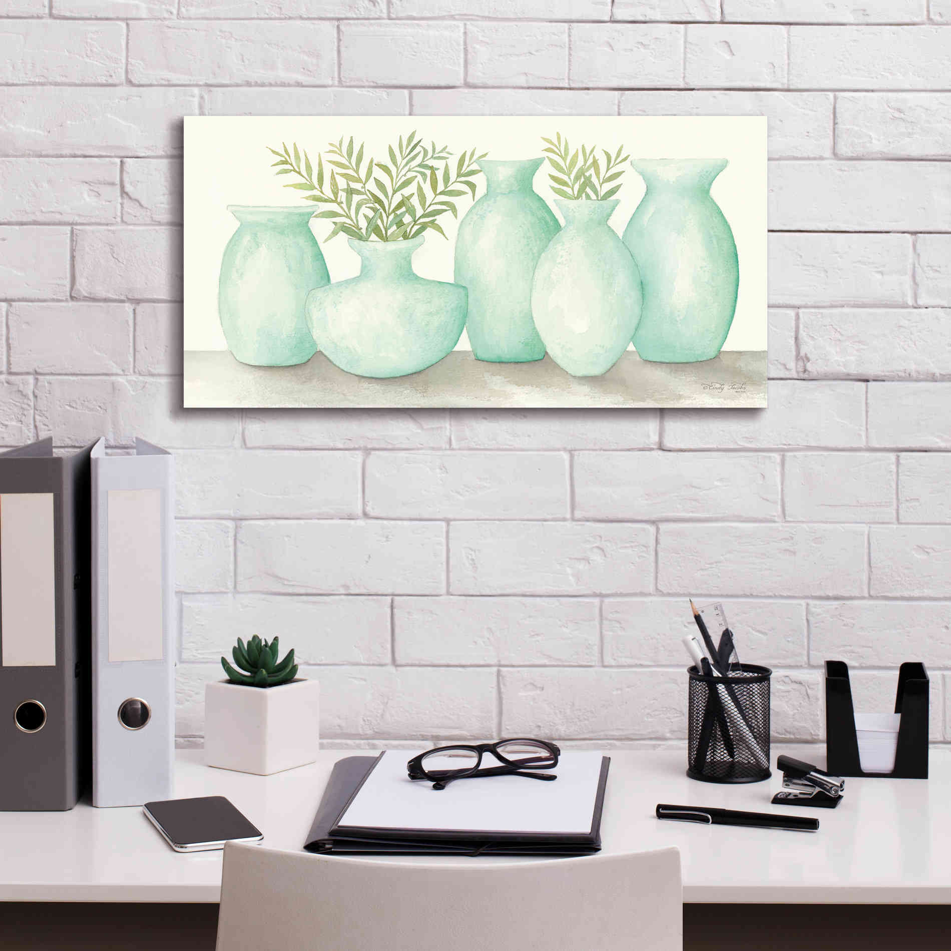 'Mint Vases' by Cindy Jacobs, Canvas Wall Art,24 x 12