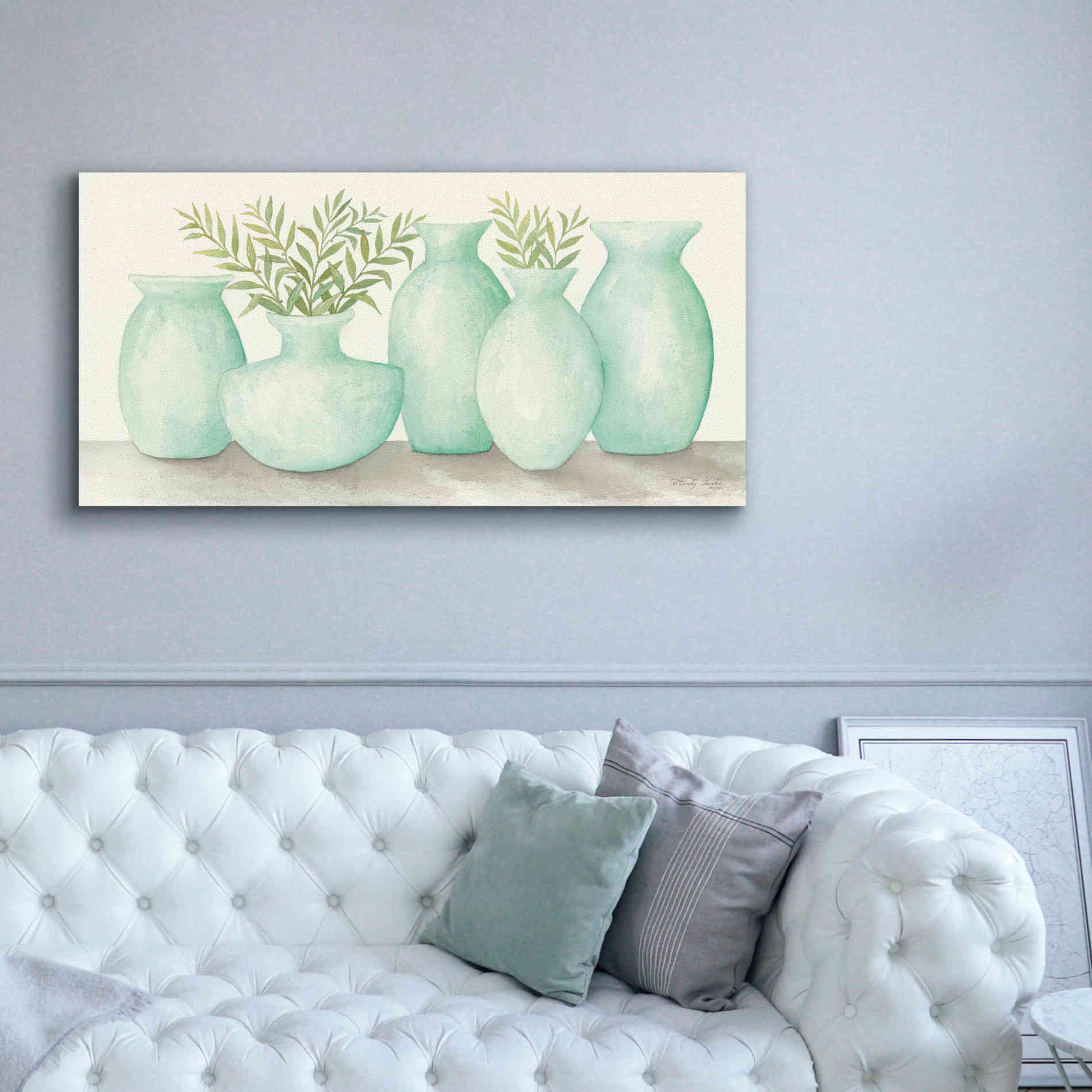 'Mint Vases' by Cindy Jacobs, Canvas Wall Art,60 x 30