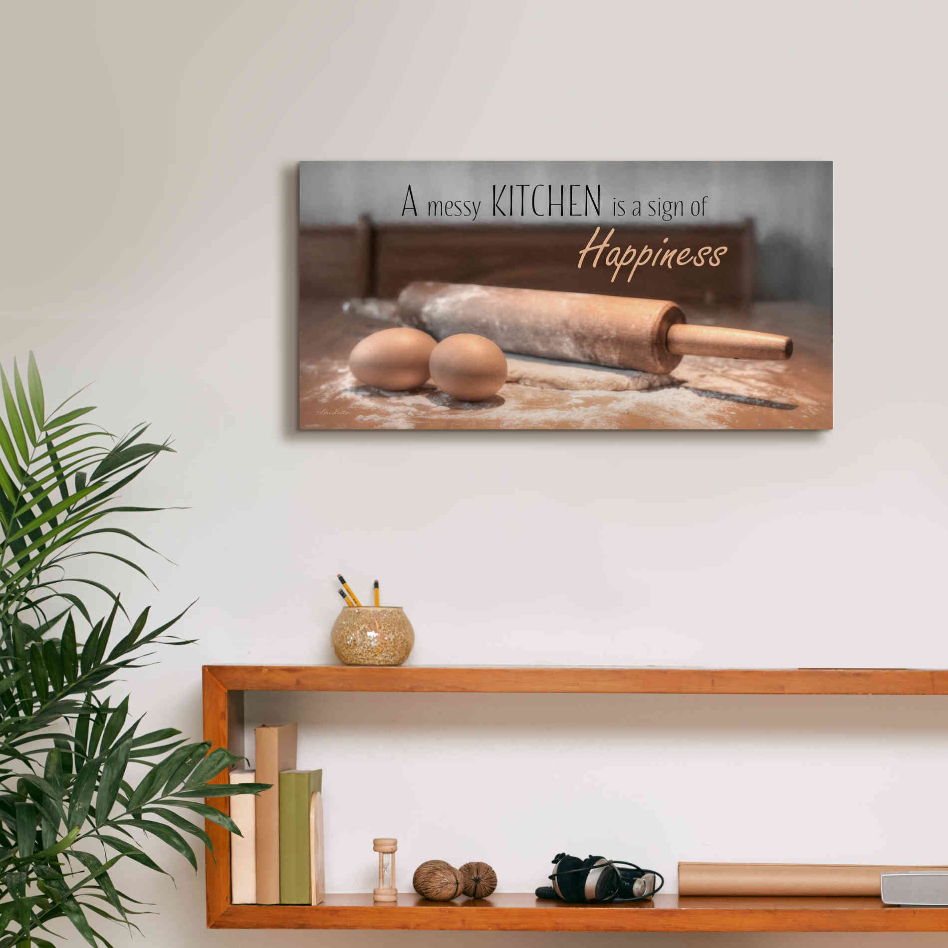 'A Messy Kitchen is a Sign of Happiness' by Lori Deiter, Canvas Wall Art,24 x 12