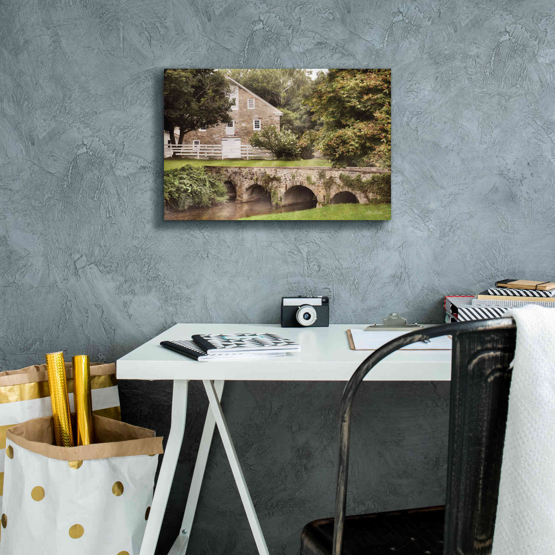 'Old Stone Barn and Bridge' by Lori Deiter, Canvas Wall Art,18 x 12