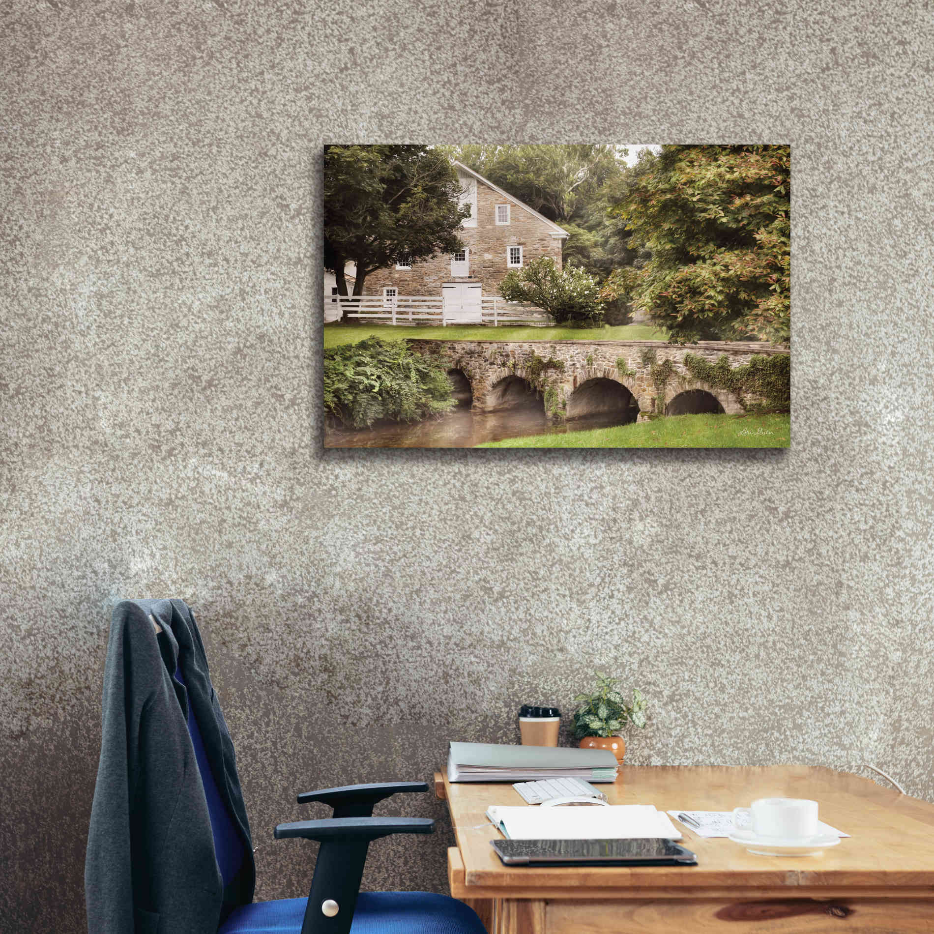 'Old Stone Barn and Bridge' by Lori Deiter, Canvas Wall Art,40 x 26