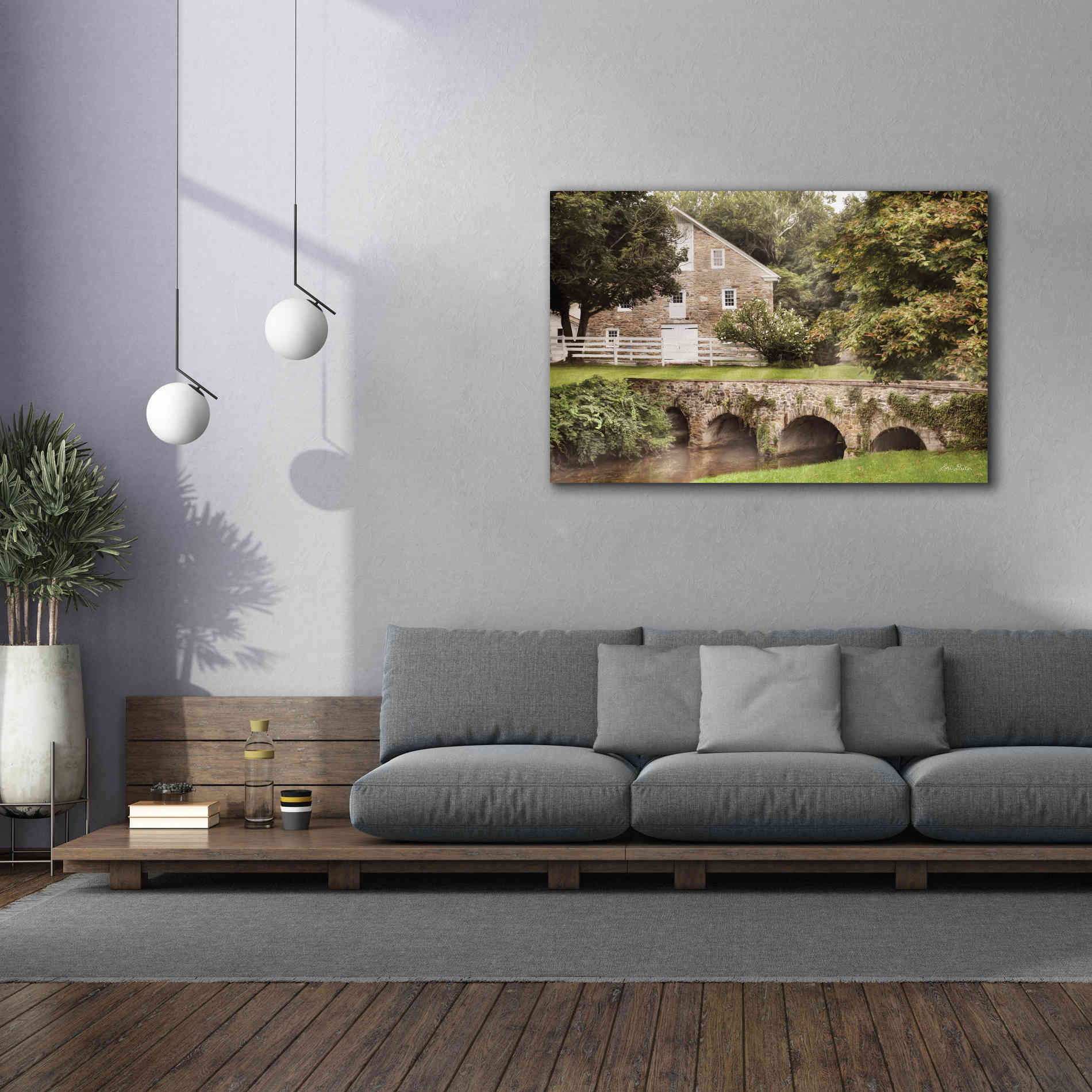 'Old Stone Barn and Bridge' by Lori Deiter, Canvas Wall Art,60 x 40