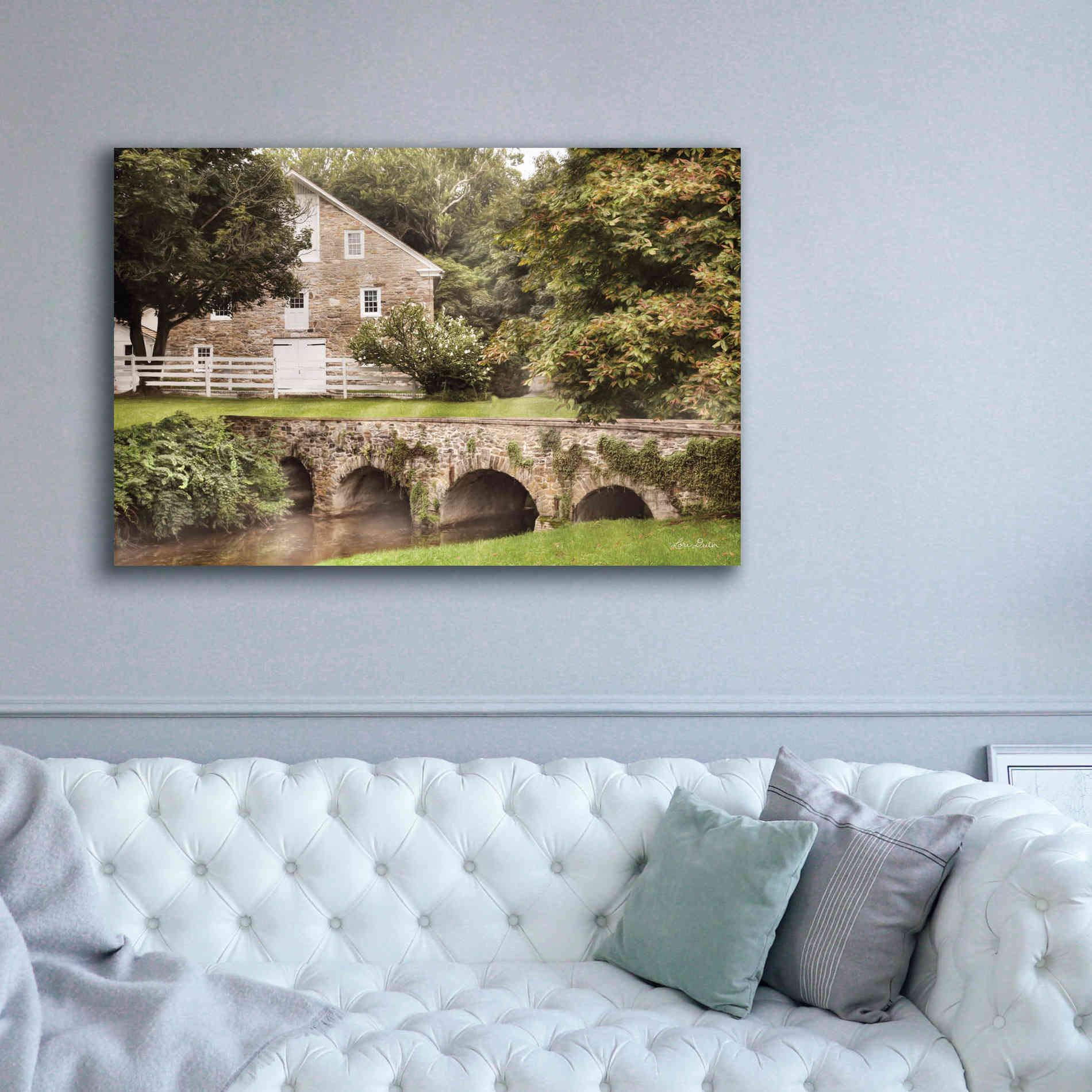 'Old Stone Barn and Bridge' by Lori Deiter, Canvas Wall Art,60 x 40