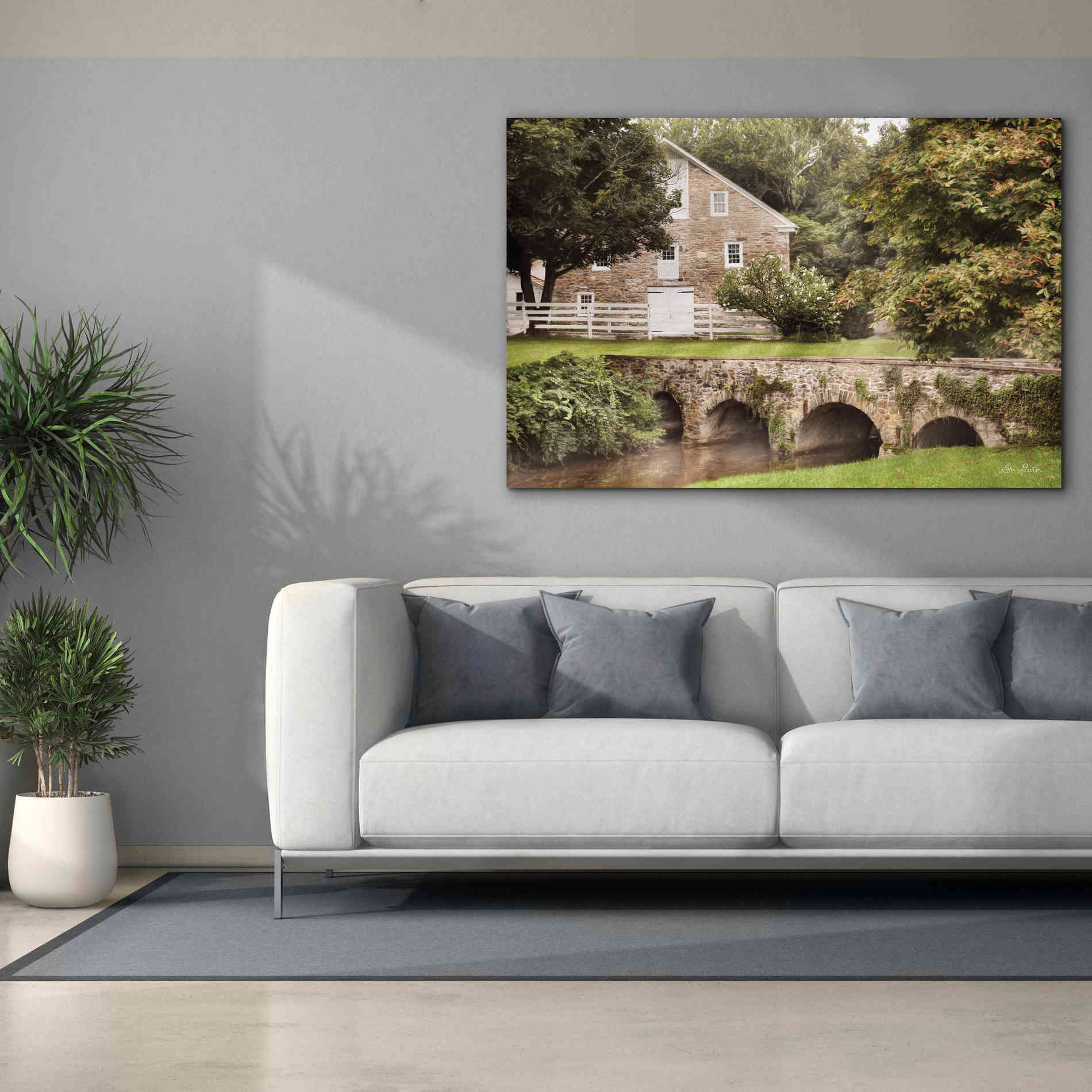 'Old Stone Barn and Bridge' by Lori Deiter, Canvas Wall Art,60 x 40