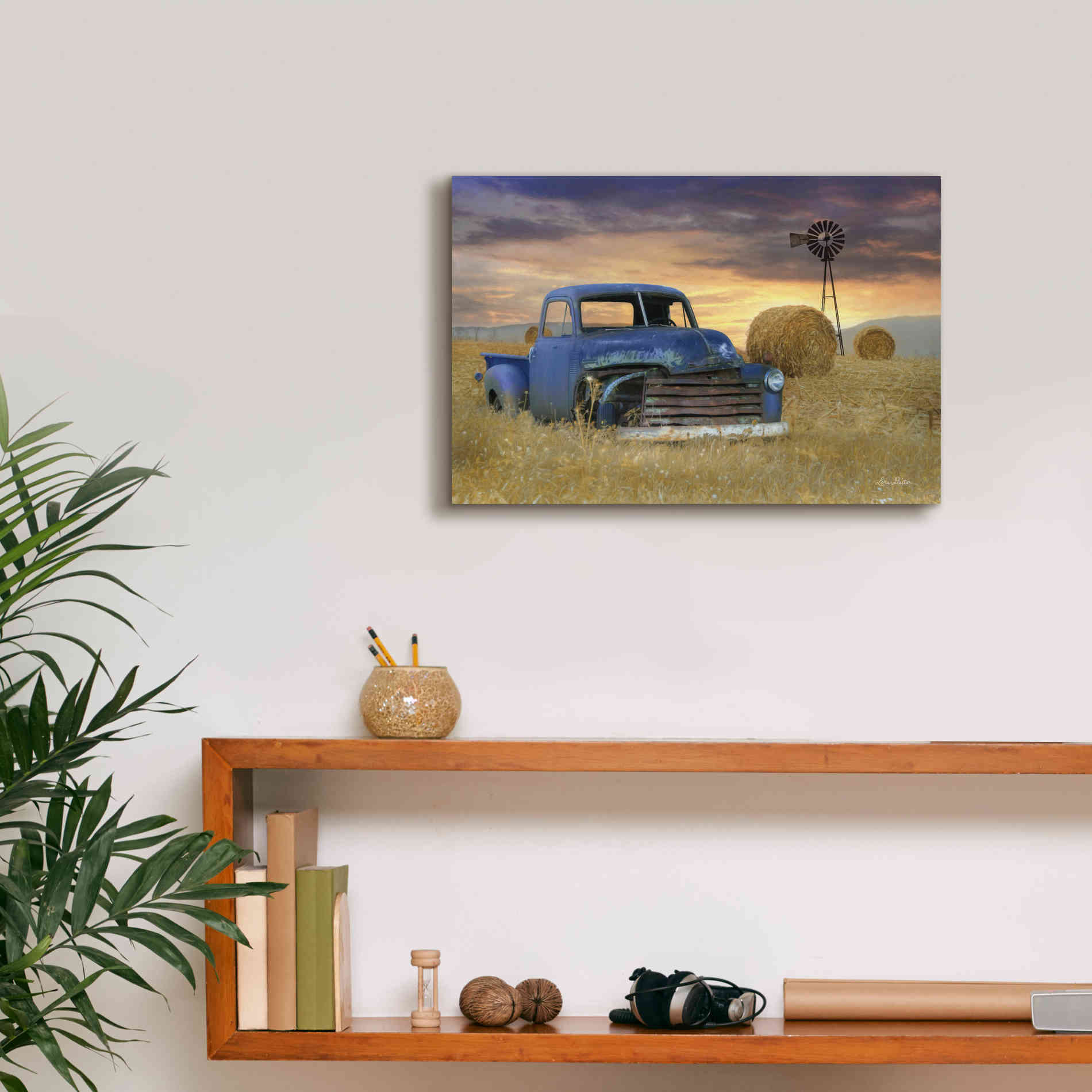 'Old Chevy with Windmill' by Lori Deiter, Canvas Wall Art,18 x 12
