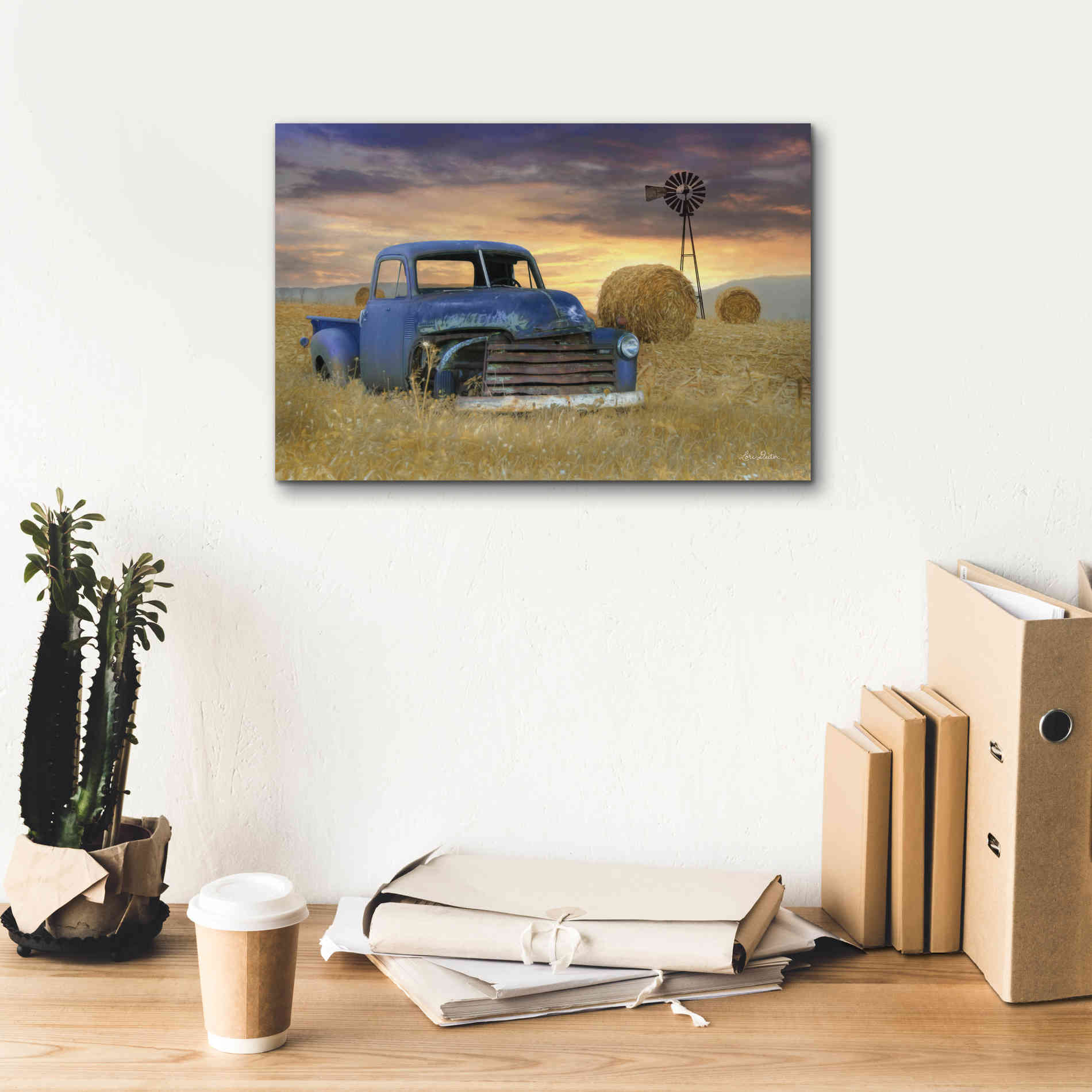'Old Chevy with Windmill' by Lori Deiter, Canvas Wall Art,18 x 12