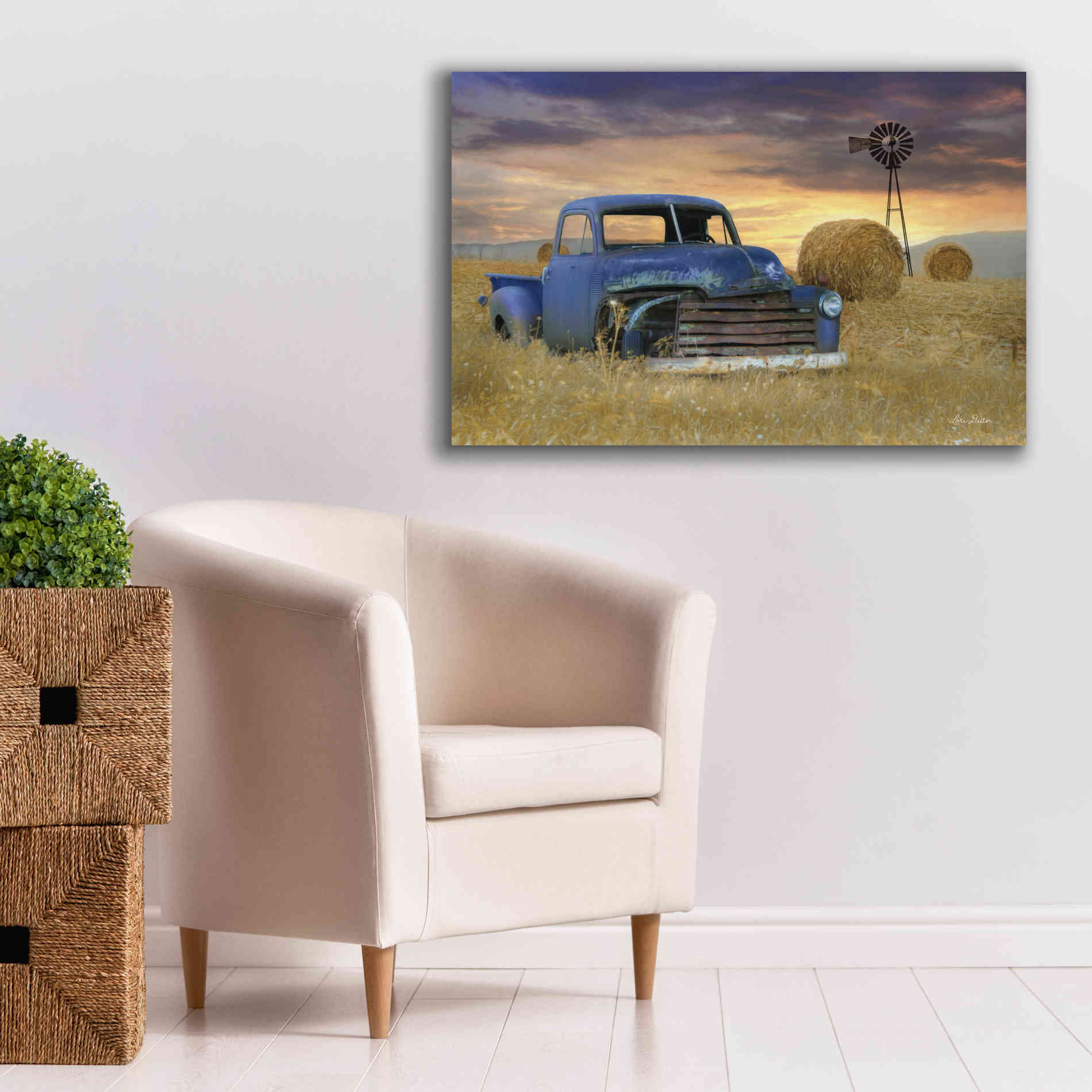 'Old Chevy with Windmill' by Lori Deiter, Canvas Wall Art,40 x 26