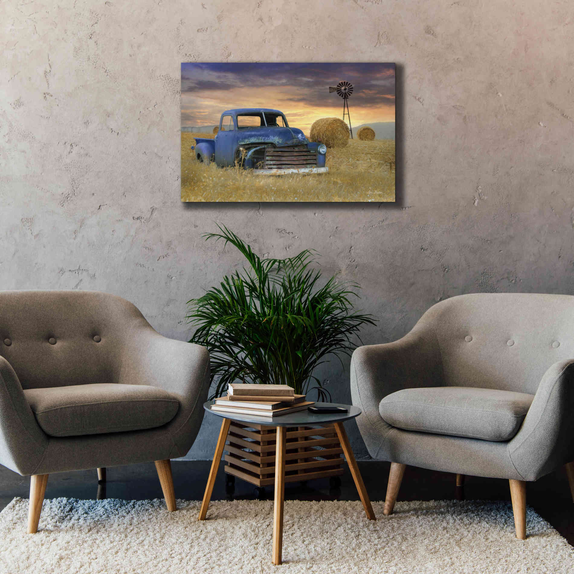'Old Chevy with Windmill' by Lori Deiter, Canvas Wall Art,40 x 26
