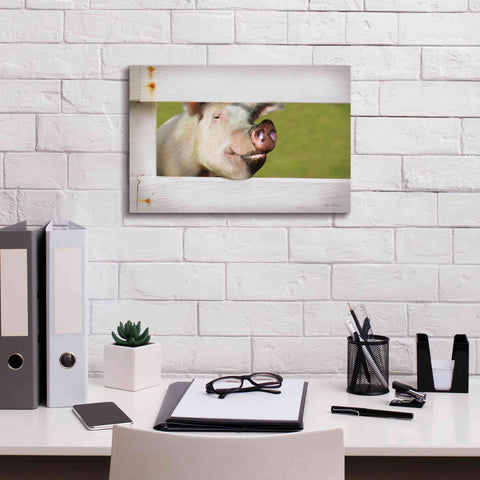 Image of 'Pig at Fence' by Lori Deiter, Canvas Wall Art,18 x 12