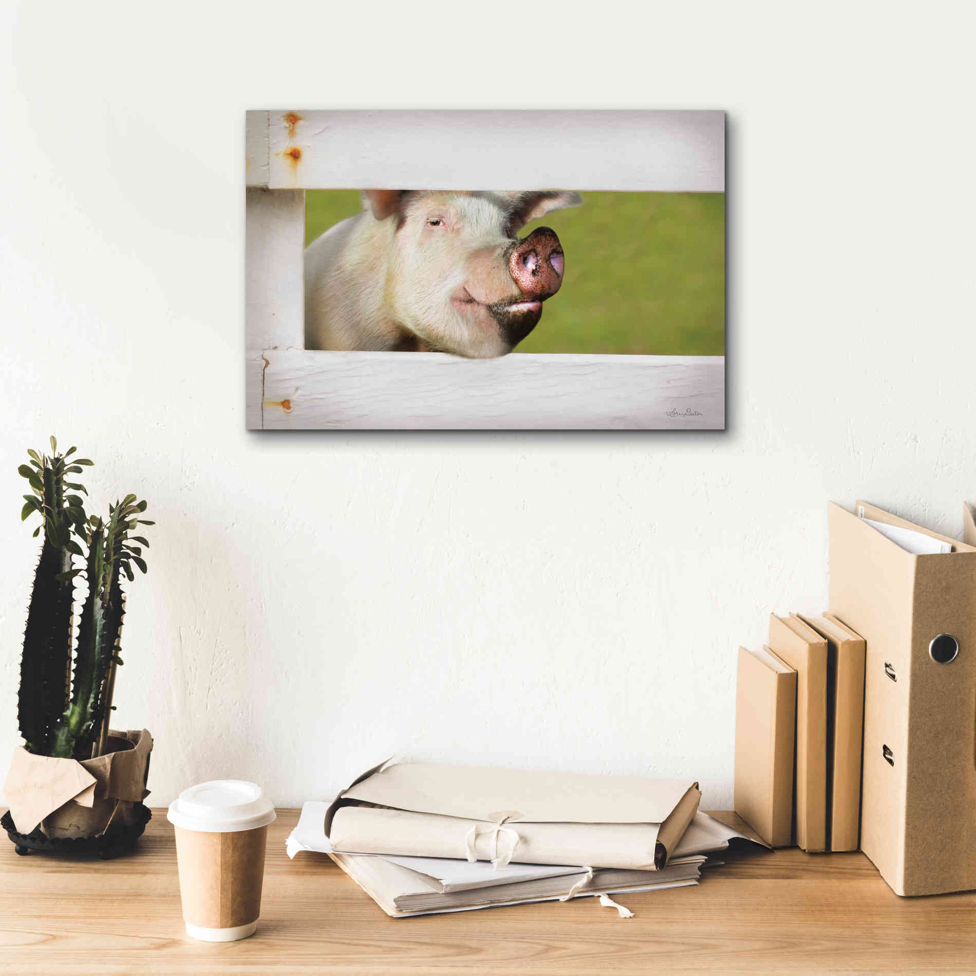 'Pig at Fence' by Lori Deiter, Canvas Wall Art,18 x 12
