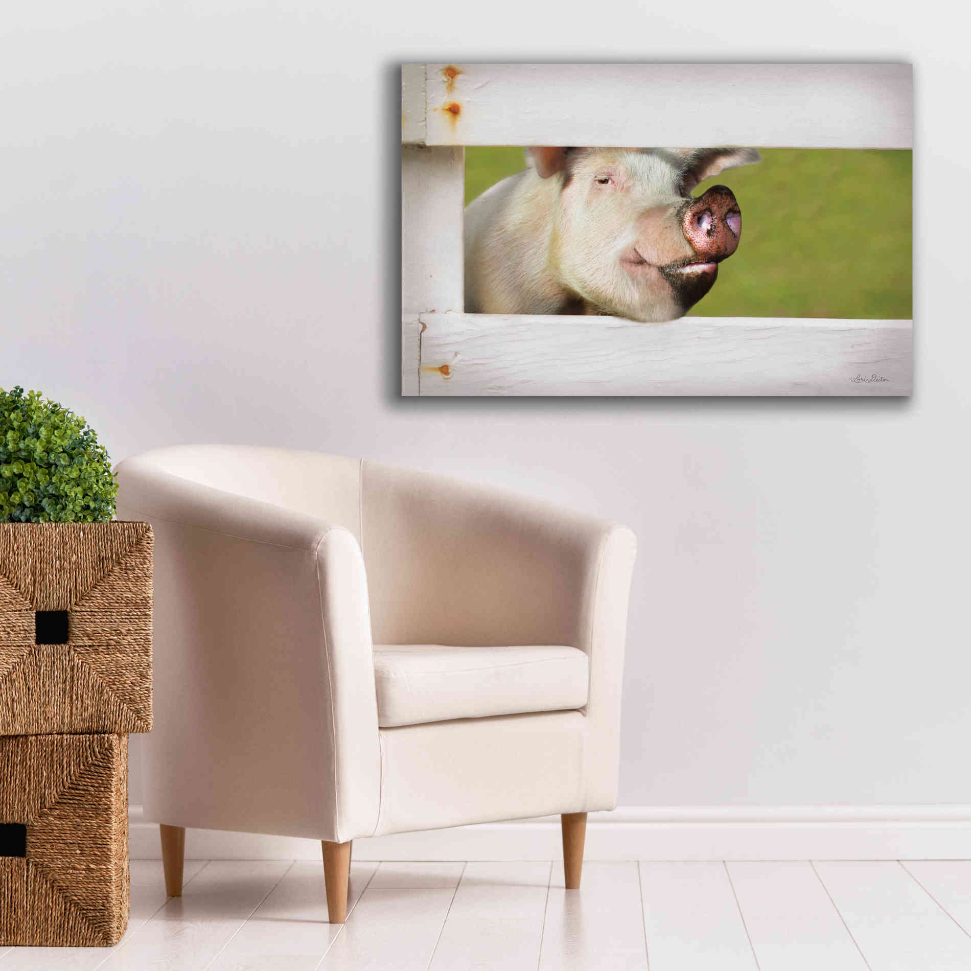 'Pig at Fence' by Lori Deiter, Canvas Wall Art,40 x 26