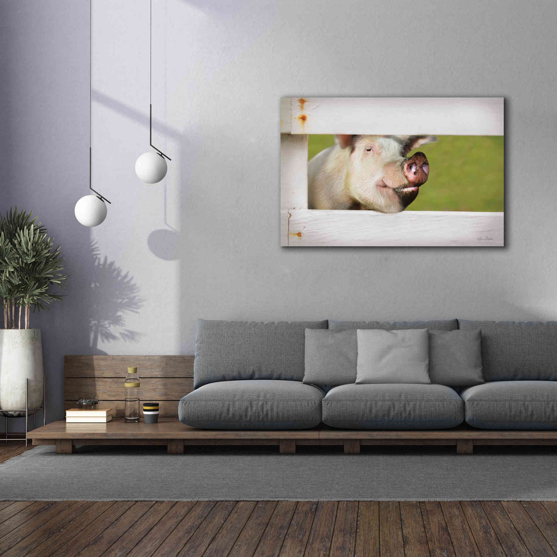 'Pig at Fence' by Lori Deiter, Canvas Wall Art,60 x 40