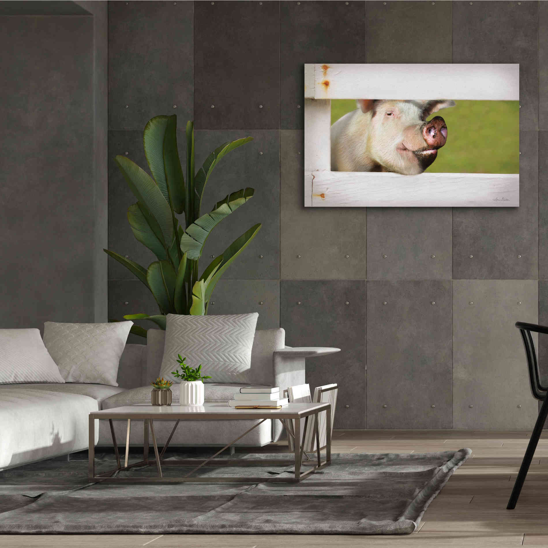 'Pig at Fence' by Lori Deiter, Canvas Wall Art,60 x 40