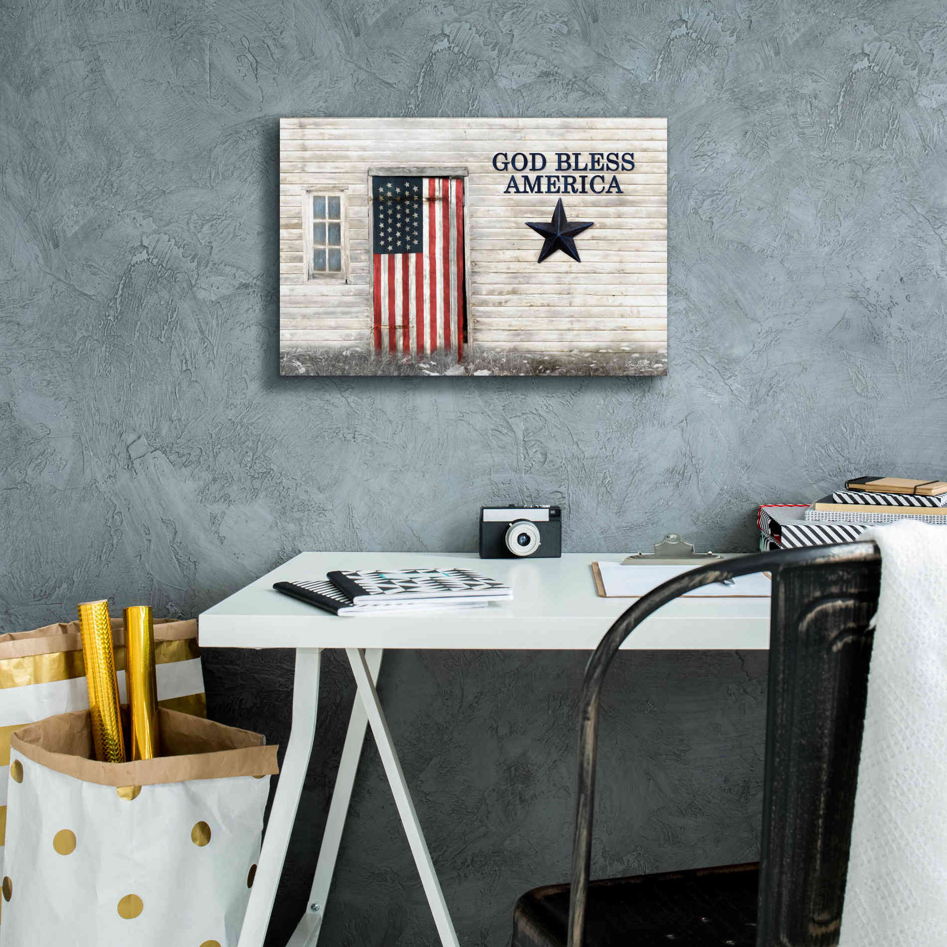 'God Bless American Flag' by Lori Deiter, Canvas Wall Art,18 x 12
