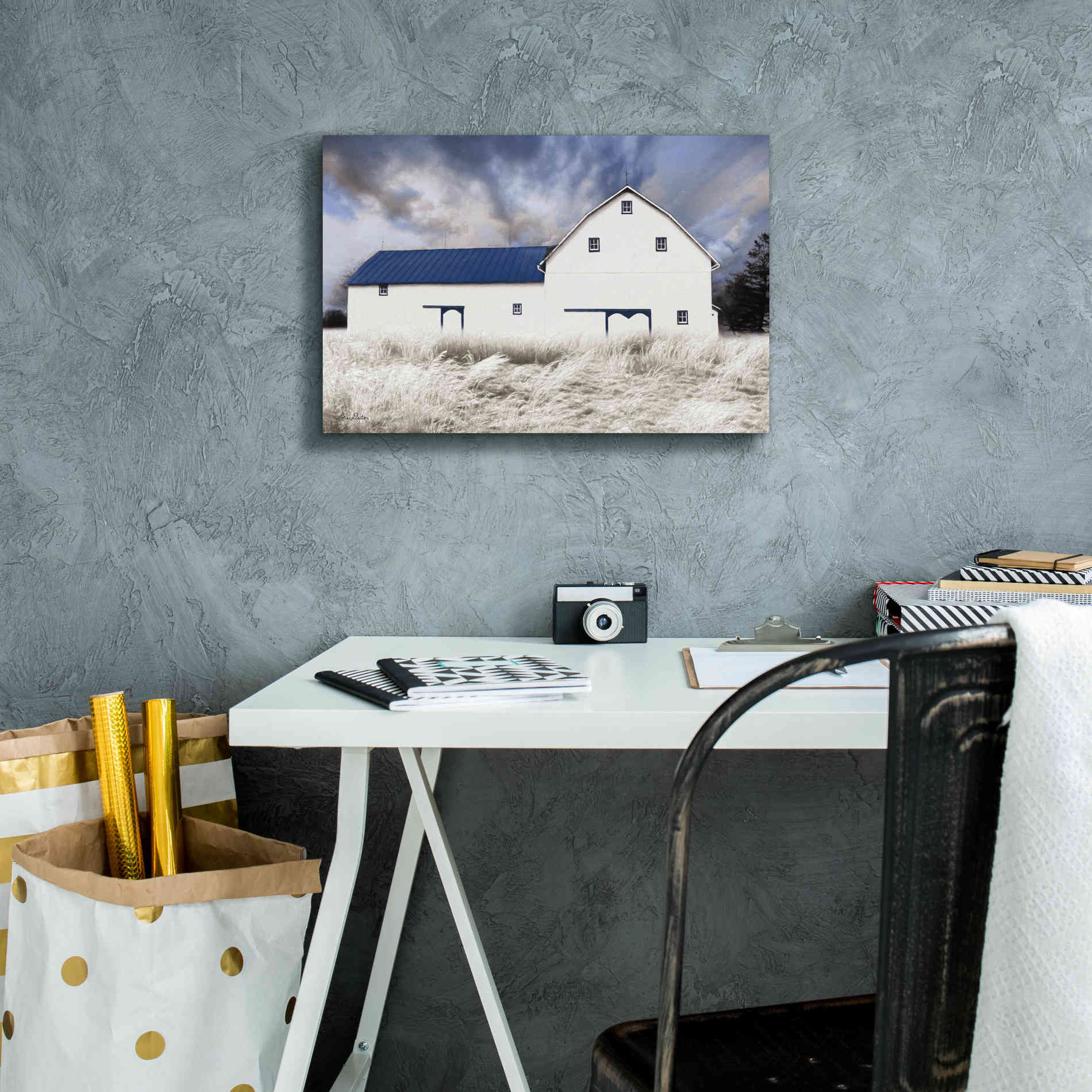 'Blue Trimmed Barn' by Lori Deiter, Canvas Wall Art,18 x 12