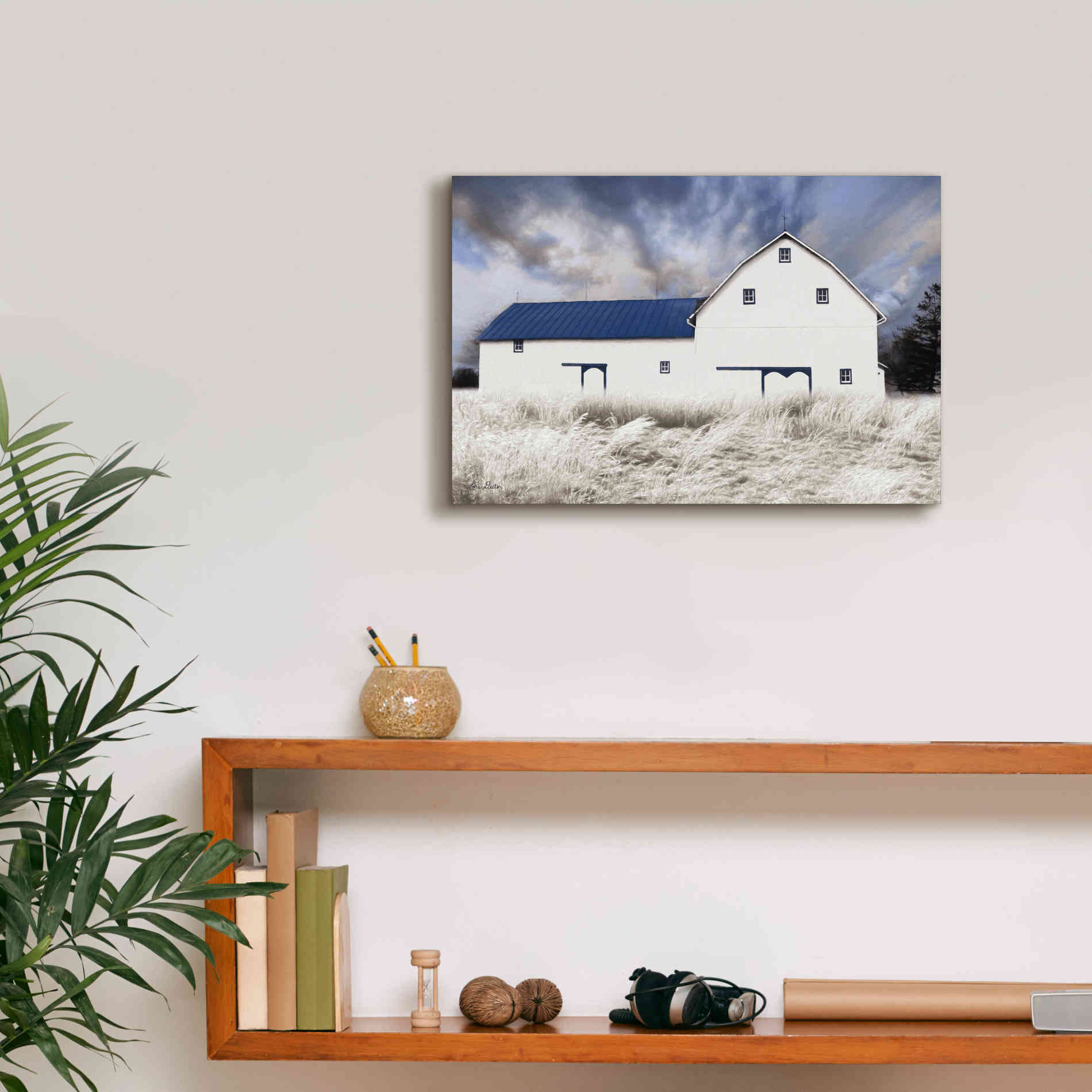 'Blue Trimmed Barn' by Lori Deiter, Canvas Wall Art,18 x 12