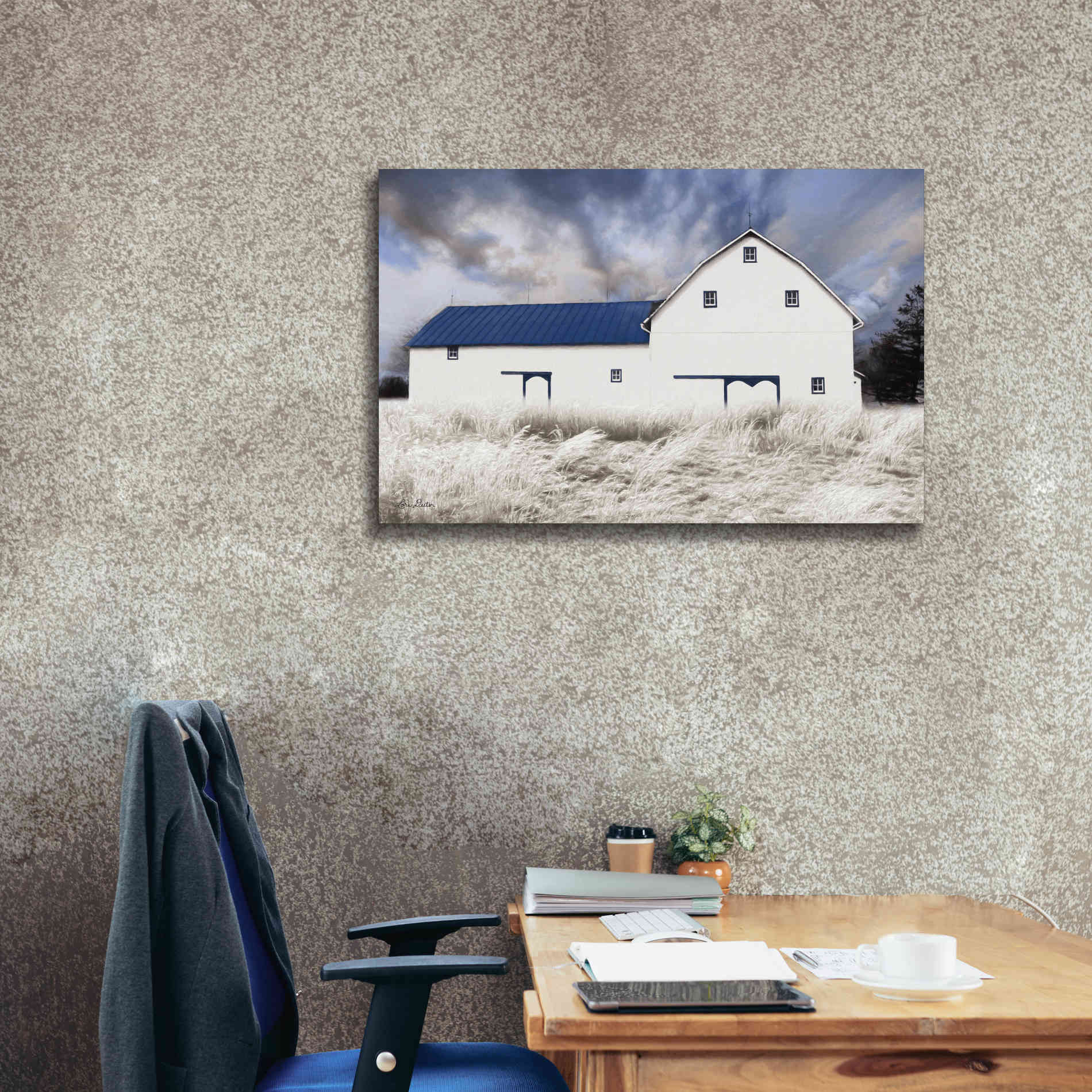 'Blue Trimmed Barn' by Lori Deiter, Canvas Wall Art,40 x 26