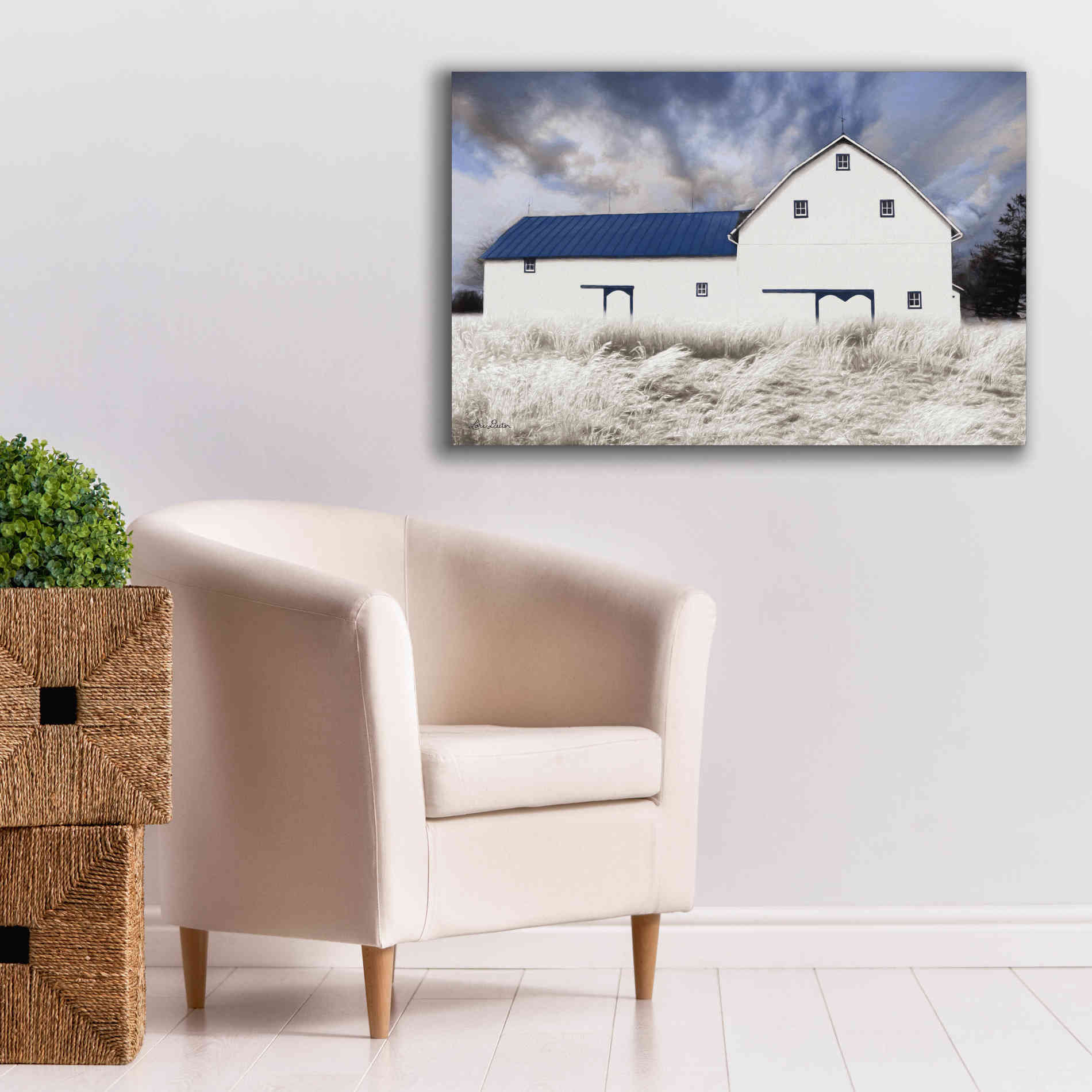 'Blue Trimmed Barn' by Lori Deiter, Canvas Wall Art,40 x 26