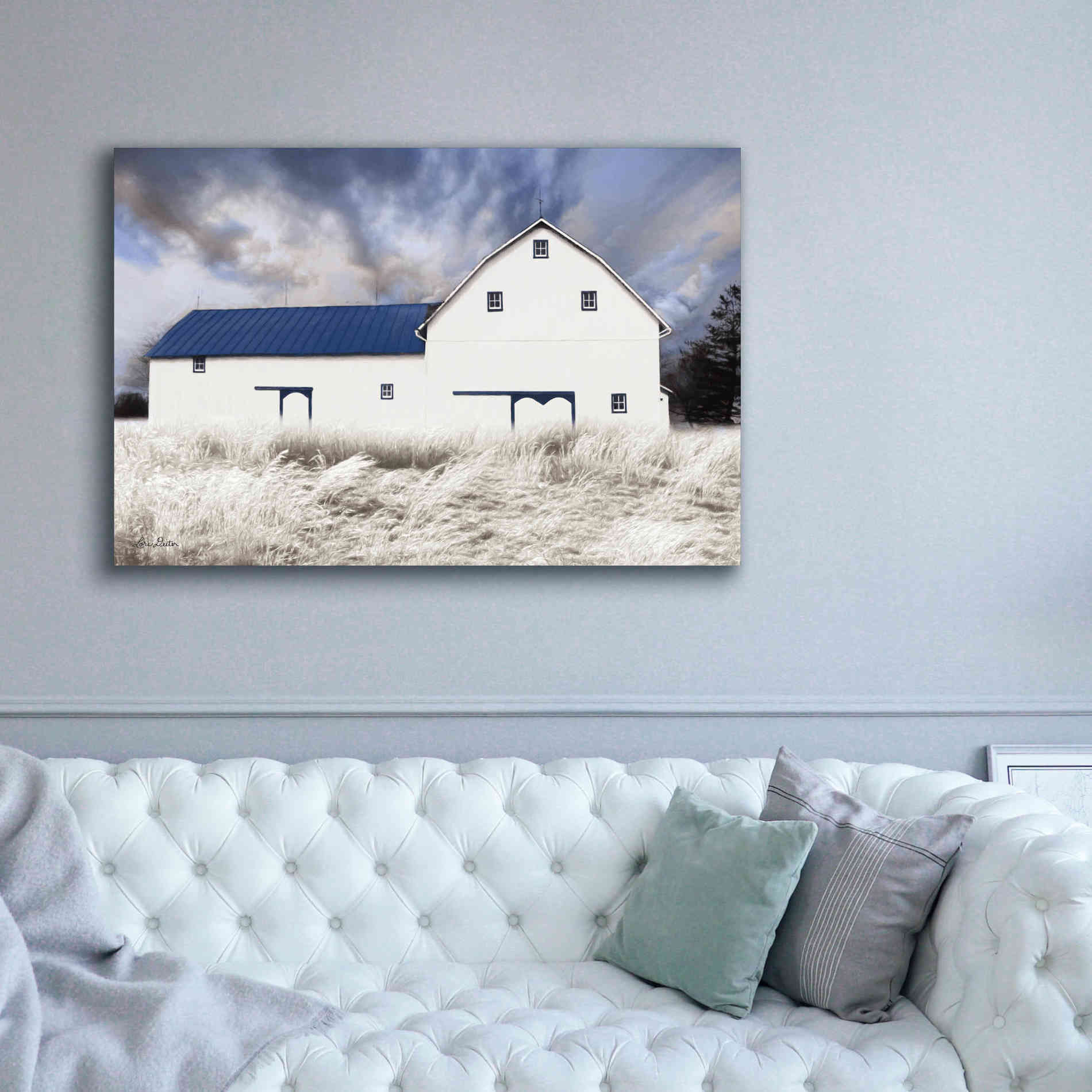 'Blue Trimmed Barn' by Lori Deiter, Canvas Wall Art,60 x 40