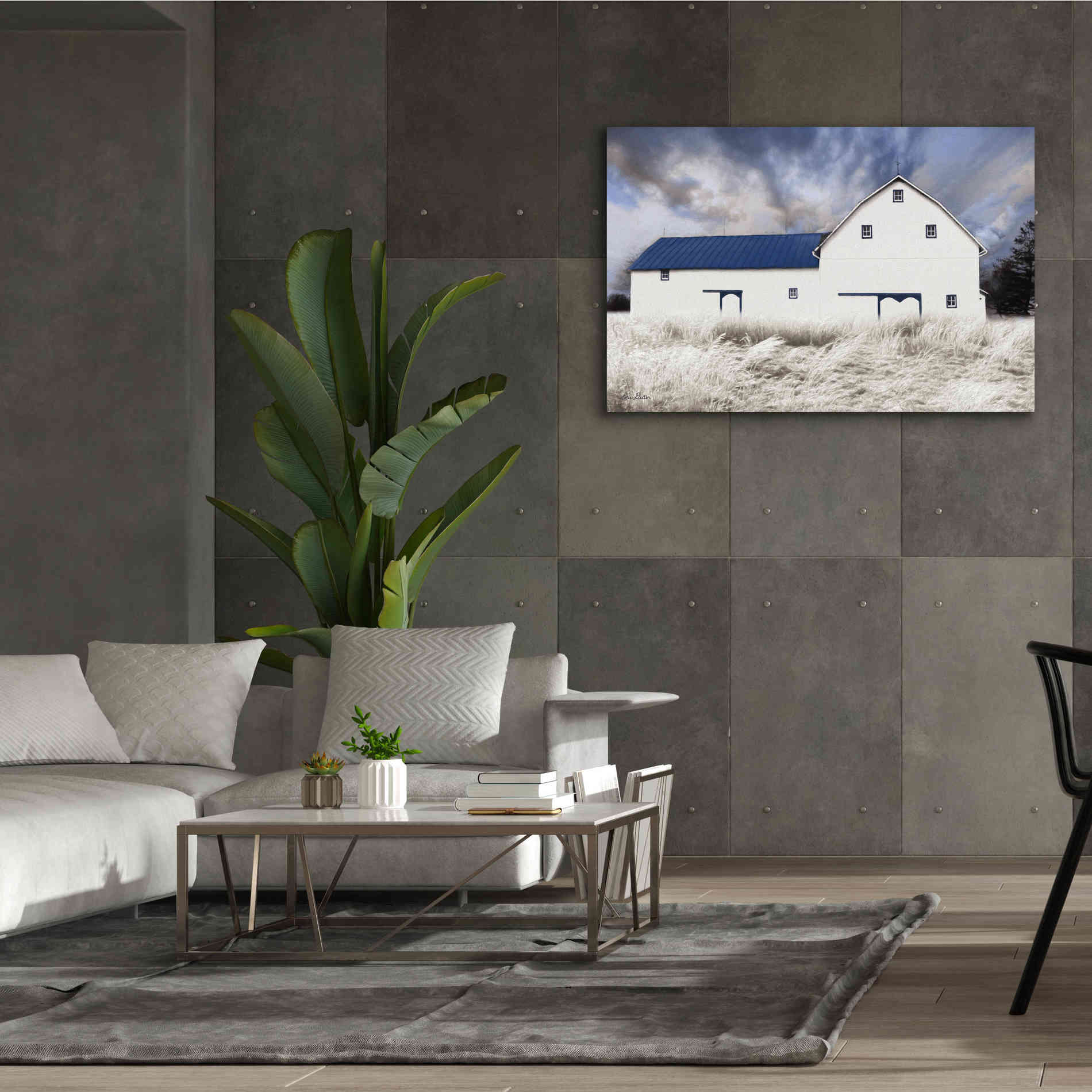 'Blue Trimmed Barn' by Lori Deiter, Canvas Wall Art,60 x 40