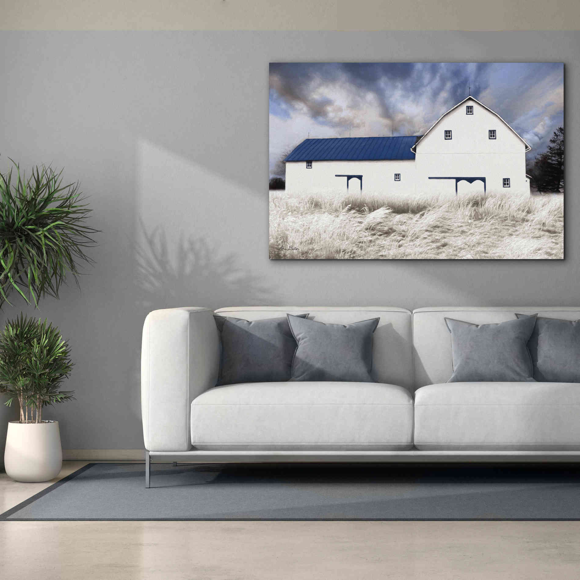 'Blue Trimmed Barn' by Lori Deiter, Canvas Wall Art,60 x 40