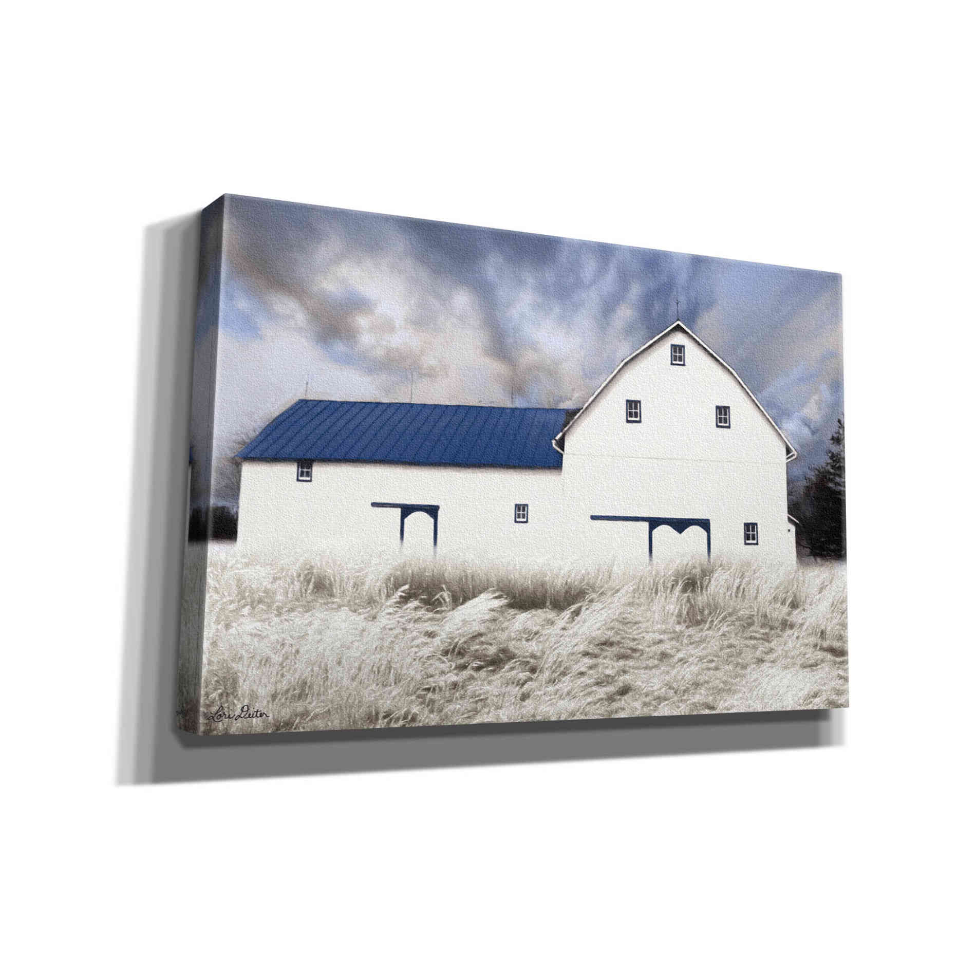 'Blue Trimmed Barn' by Lori Deiter, Canvas Wall Art