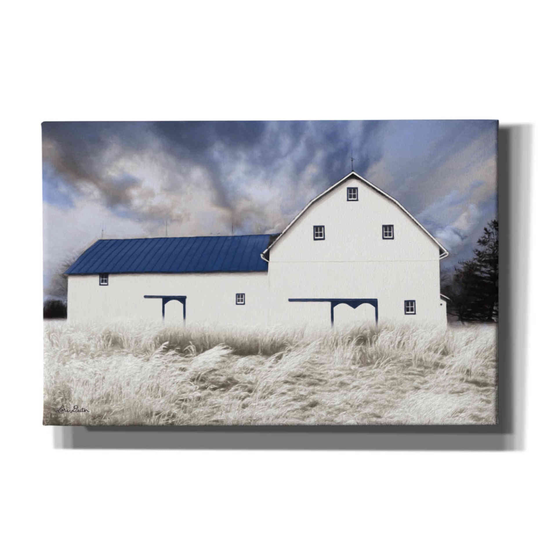 'Blue Trimmed Barn' by Lori Deiter, Canvas Wall Art