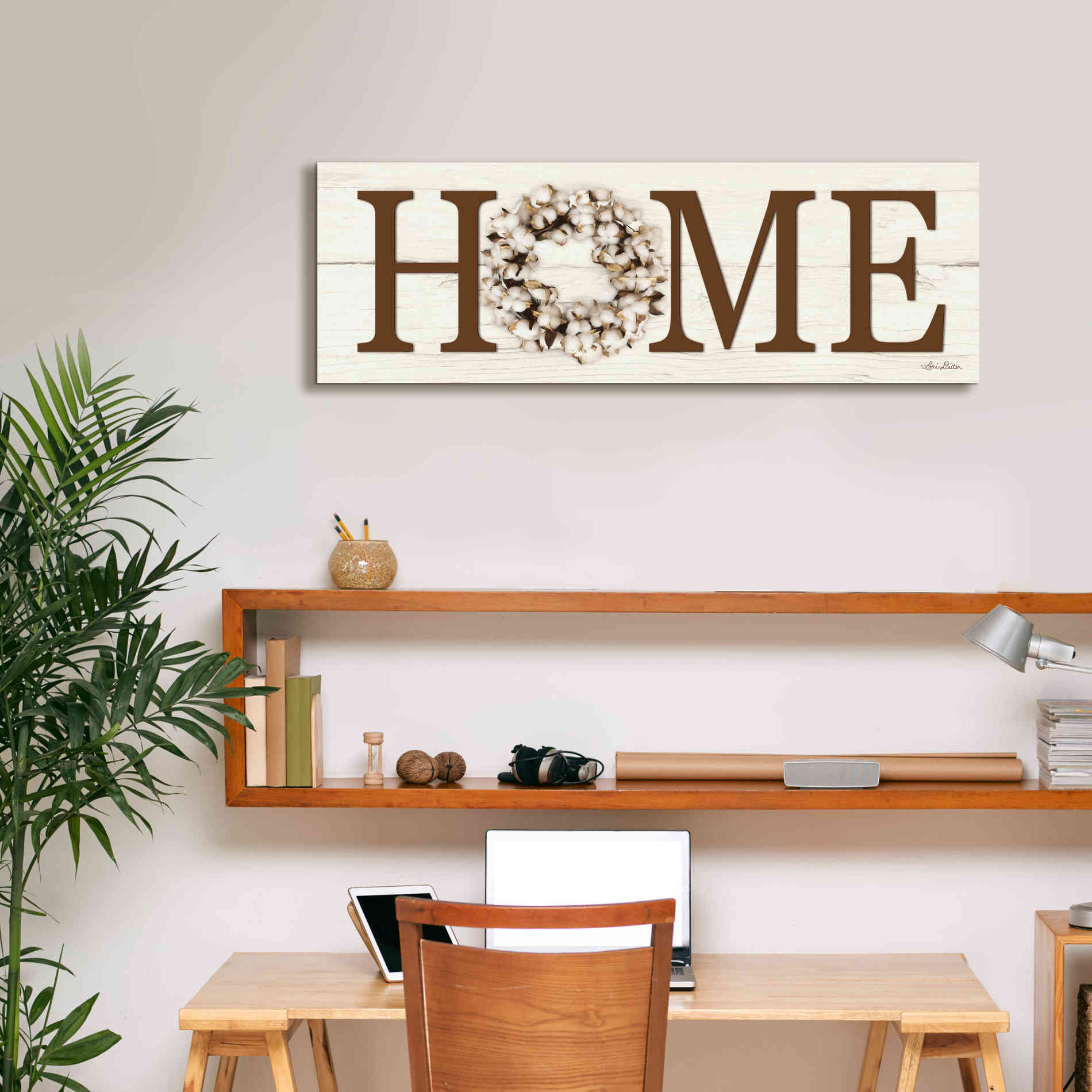 'Cotton Wreath Home Vertical' by Lori Deiter, Canvas Wall Art,36 x 12