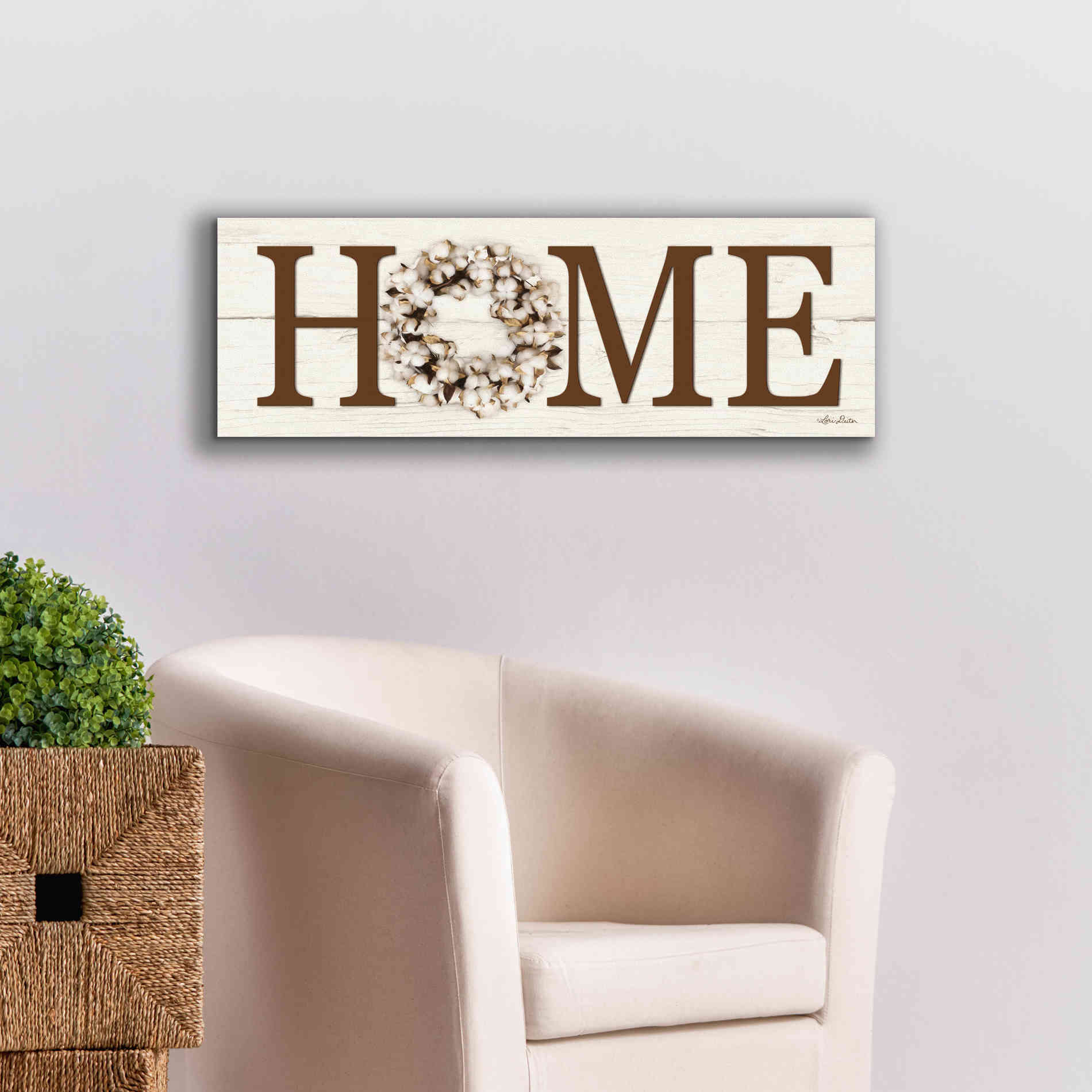 'Cotton Wreath Home Vertical' by Lori Deiter, Canvas Wall Art,36 x 12