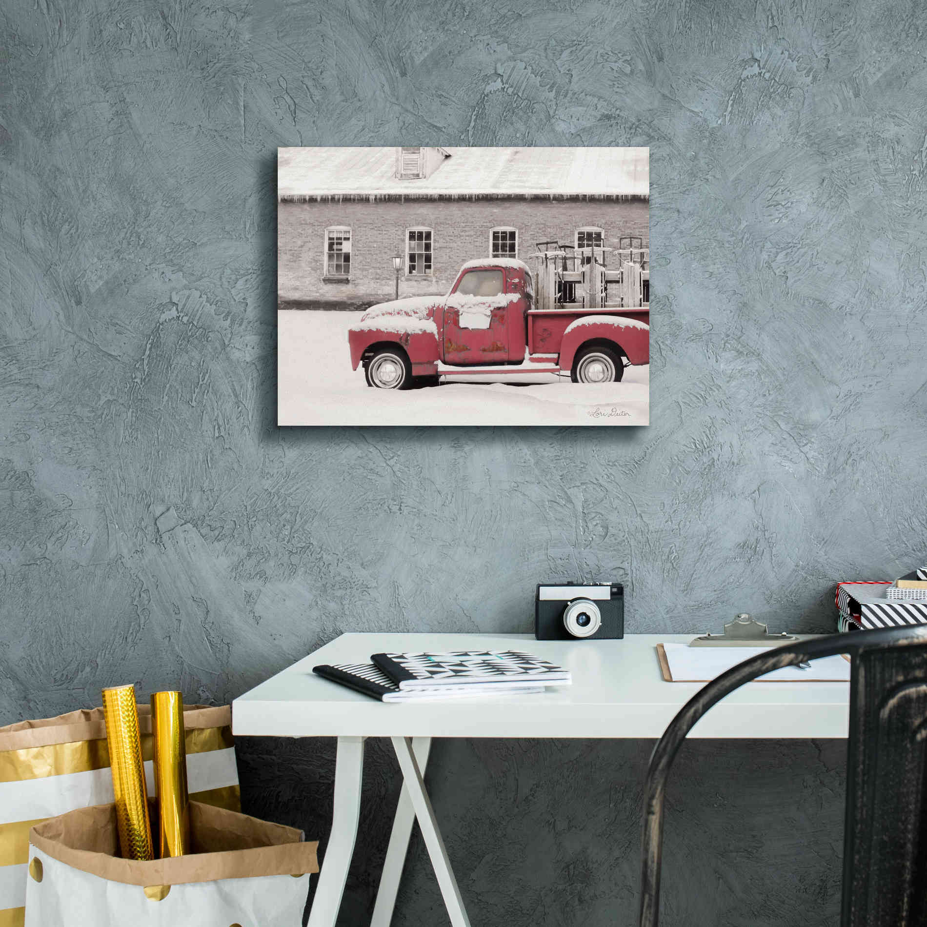 'Old Sled Works Red Truck' by Lori Deiter, Canvas Wall Art,16 x 12