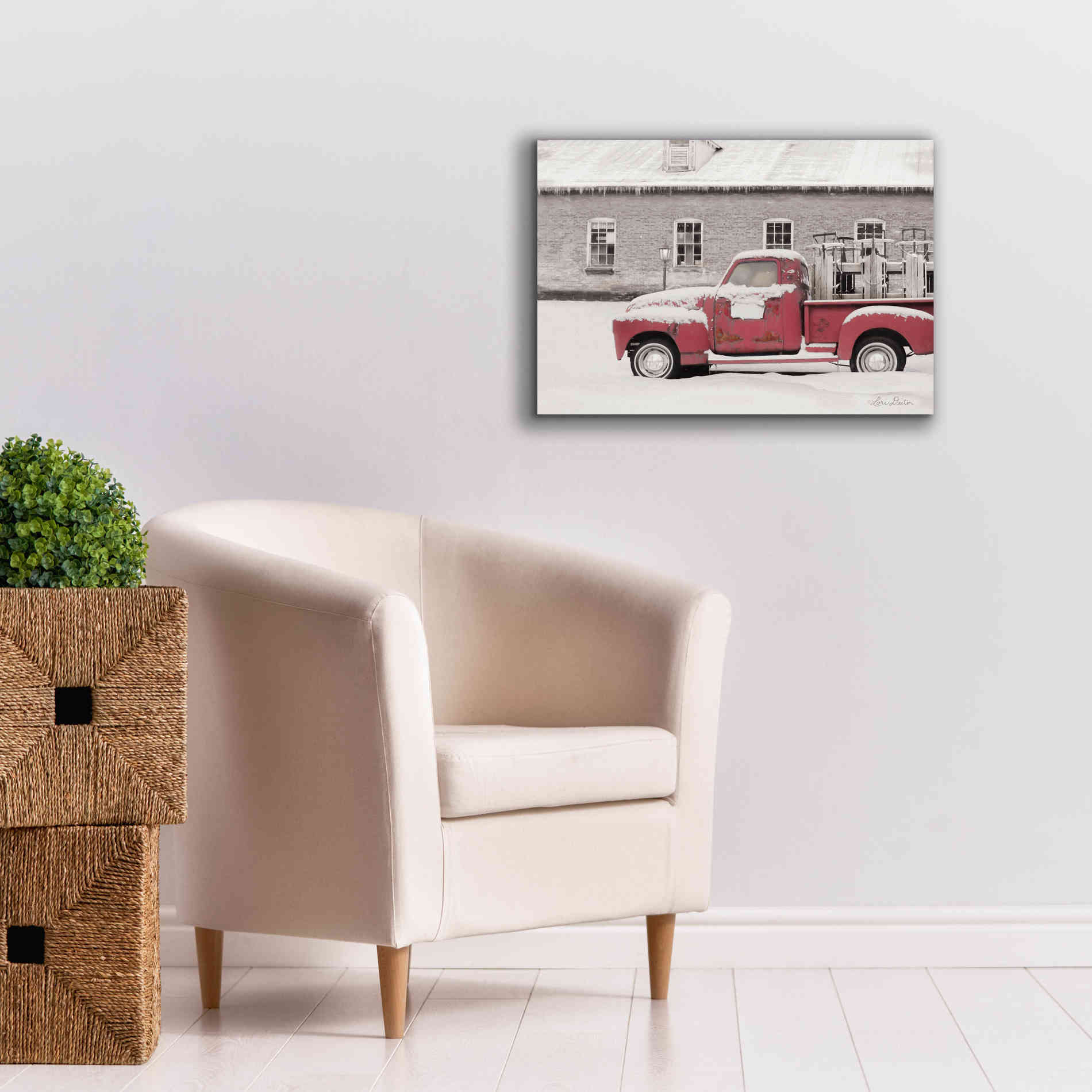 'Old Sled Works Red Truck' by Lori Deiter, Canvas Wall Art,26 x 18
