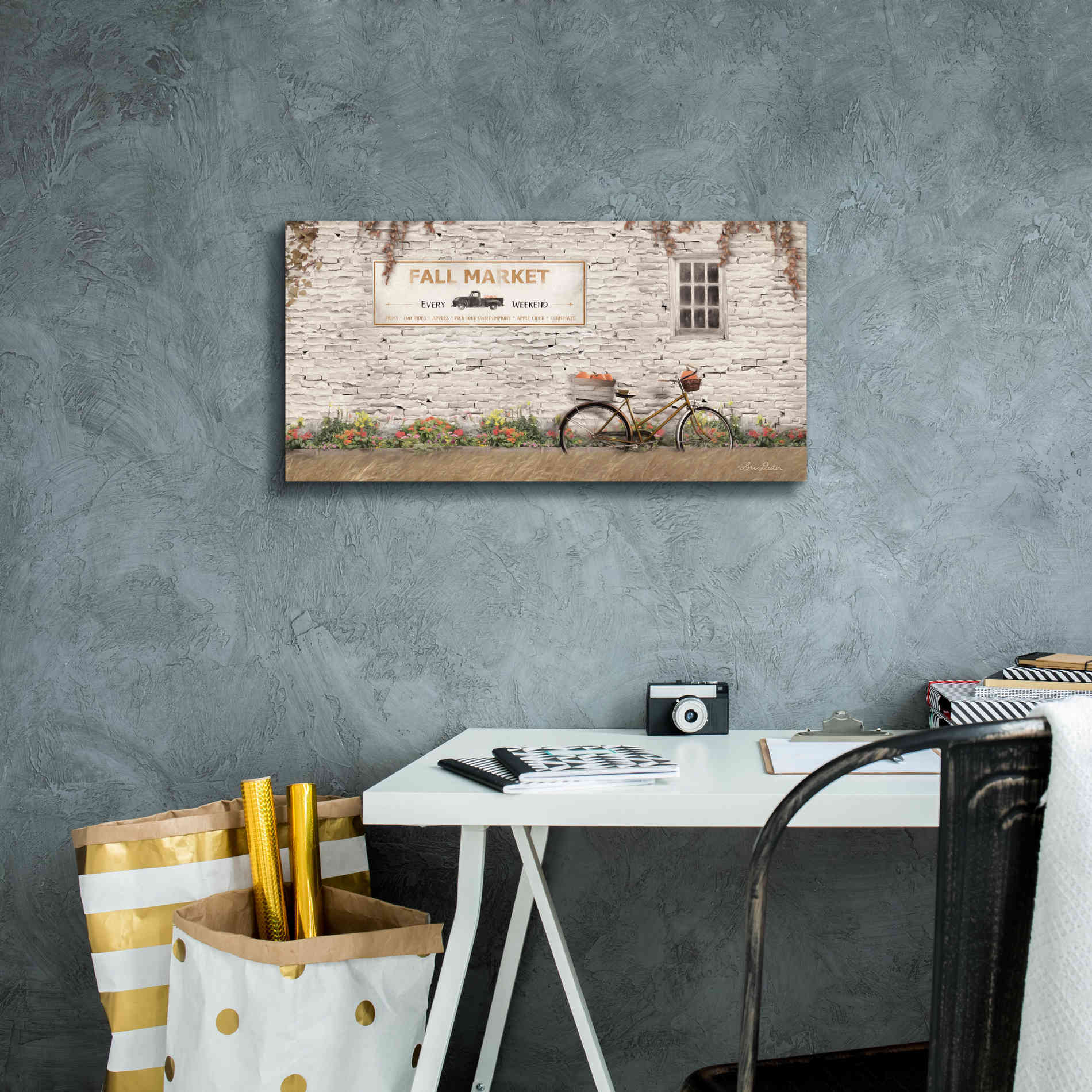'Fall Market with Bike' by Lori Deiter, Canvas Wall Art,24 x 12