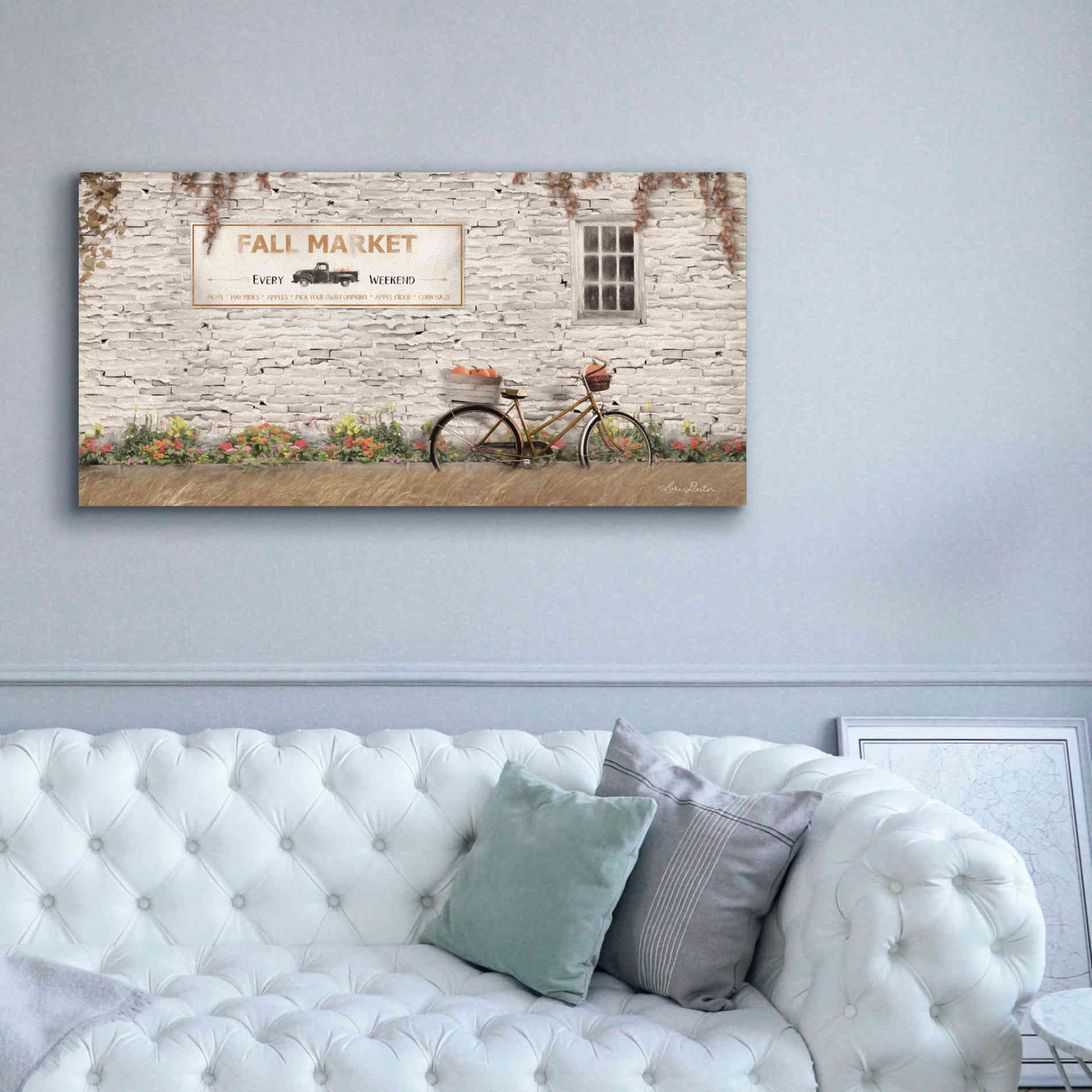 'Fall Market with Bike' by Lori Deiter, Canvas Wall Art,60 x 30