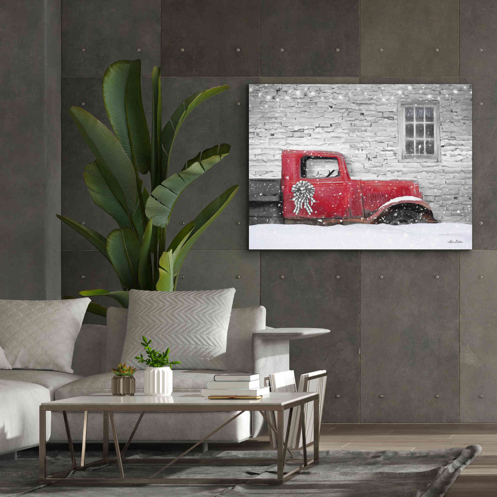 'Christmas Truck with Plaid Bow' by Lori Deiter, Canvas Wall Art,54 x 40