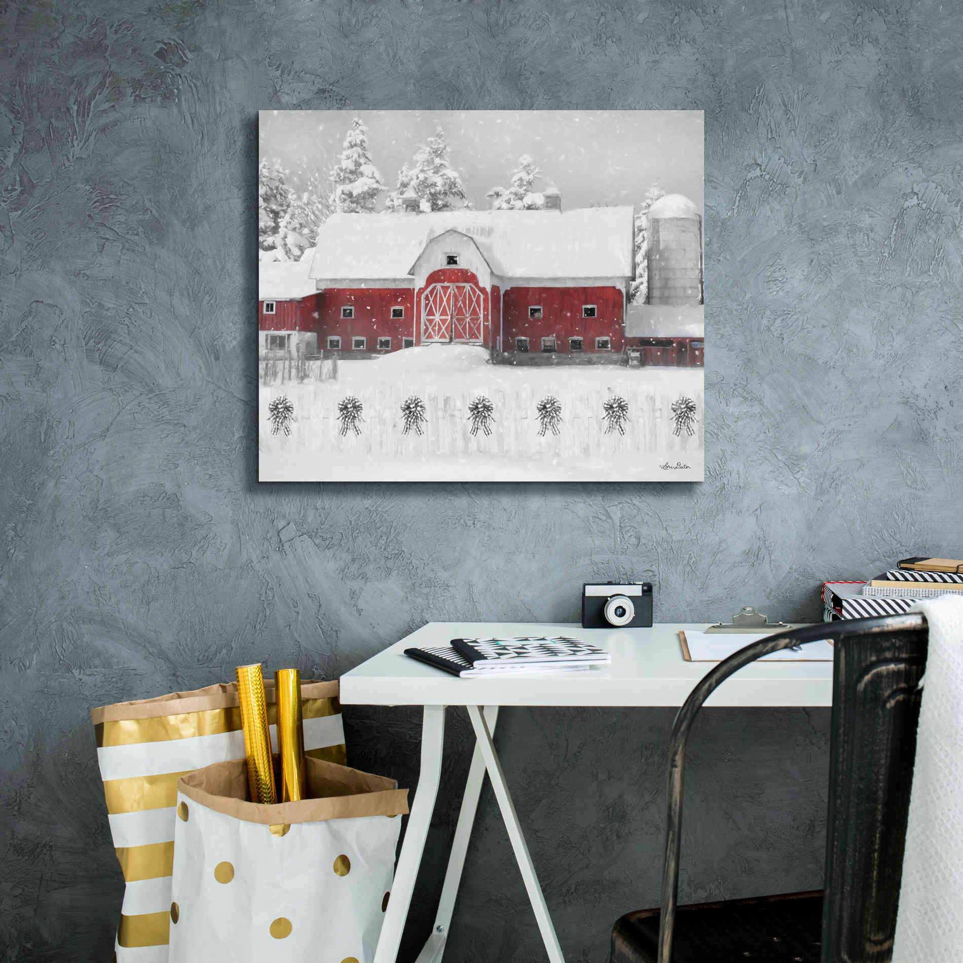 'Barn with Fence and Bows' by Lori Deiter, Canvas Wall Art,24 x 20