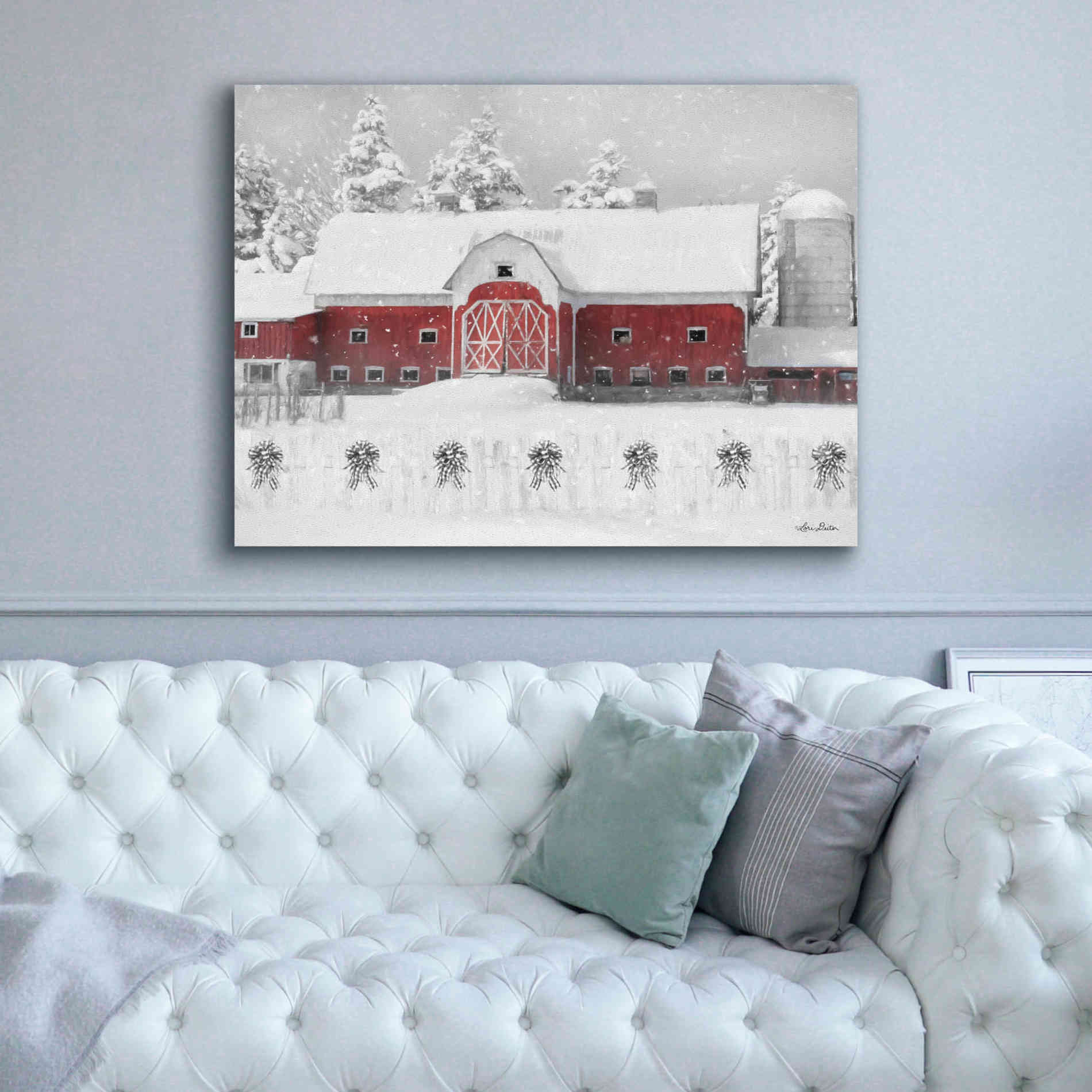 'Barn with Fence and Bows' by Lori Deiter, Canvas Wall Art,54 x 40