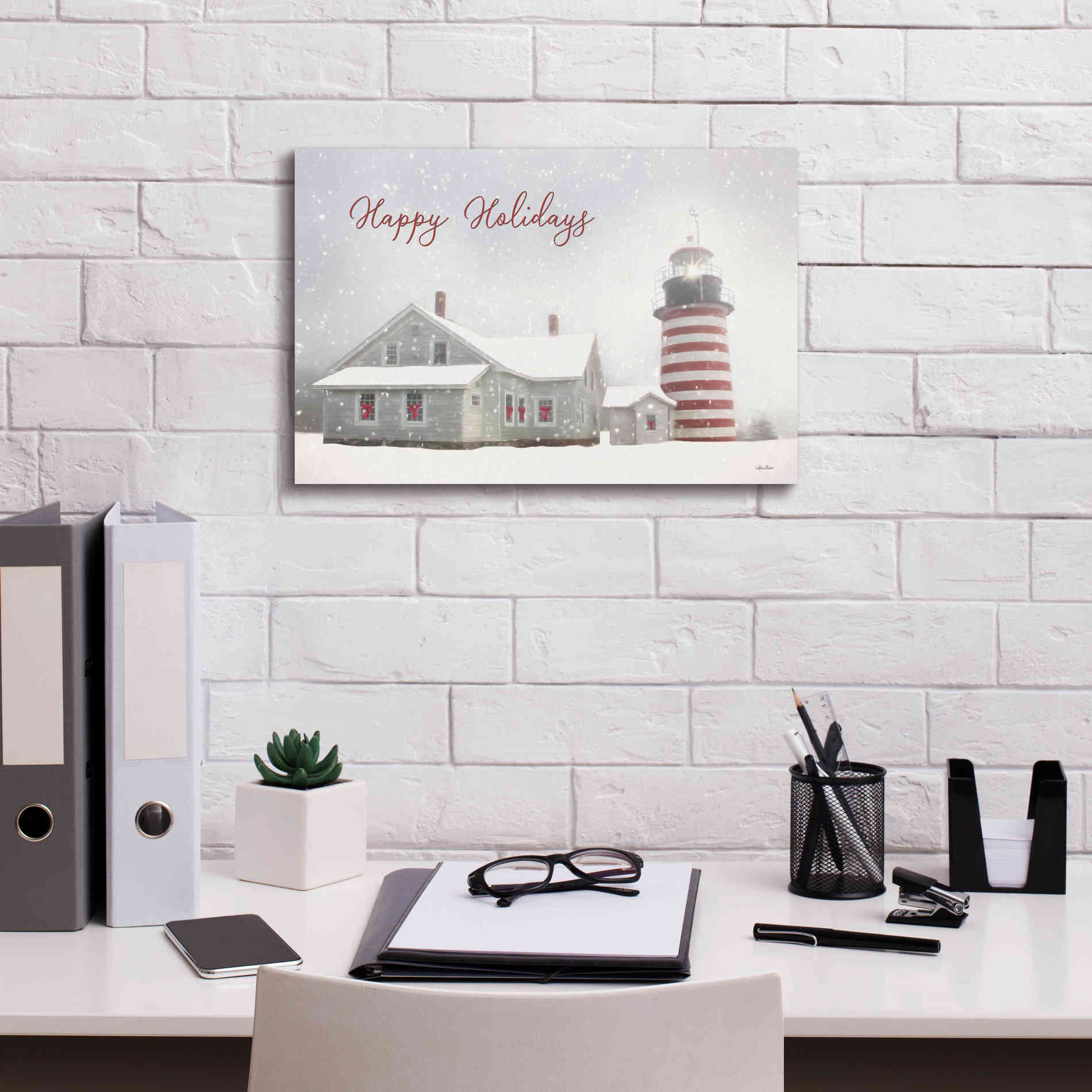 'Happy Holidays Lighthouse' by Lori Deiter, Canvas Wall Art,18 x 12