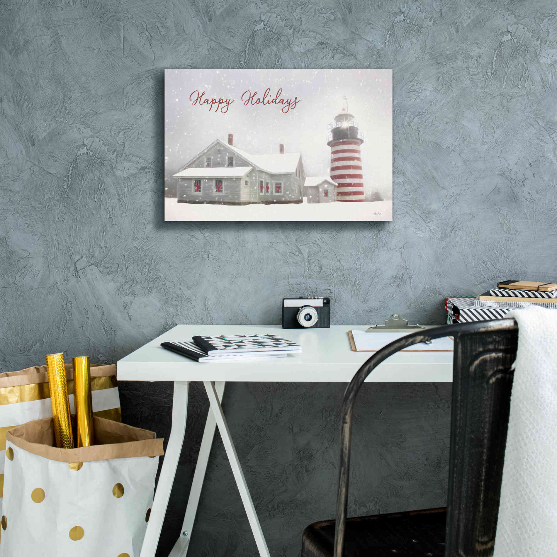 'Happy Holidays Lighthouse' by Lori Deiter, Canvas Wall Art,18 x 12