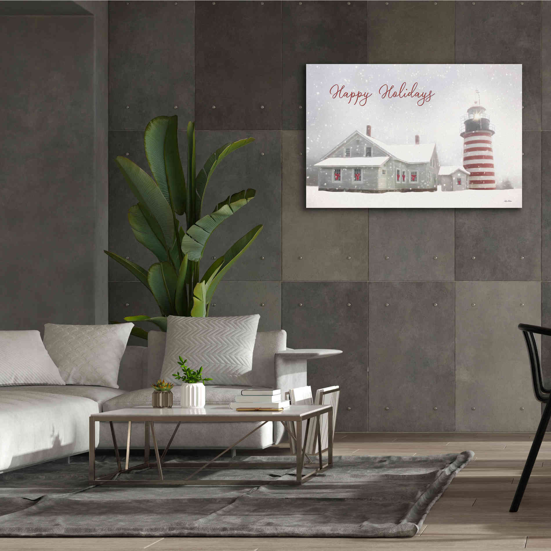 'Happy Holidays Lighthouse' by Lori Deiter, Canvas Wall Art,60 x 40