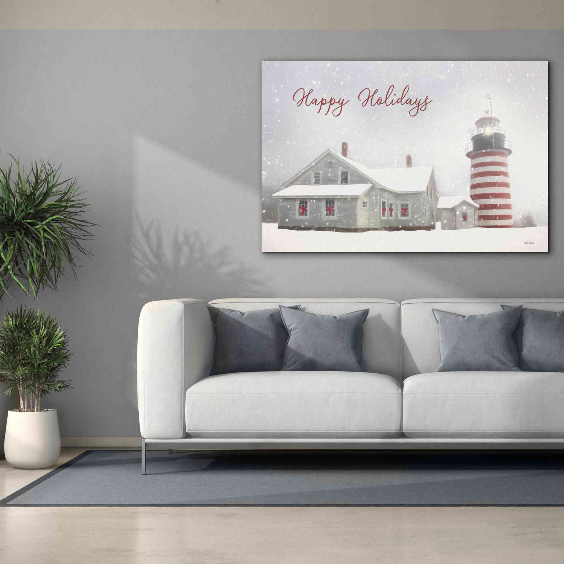 'Happy Holidays Lighthouse' by Lori Deiter, Canvas Wall Art,60 x 40