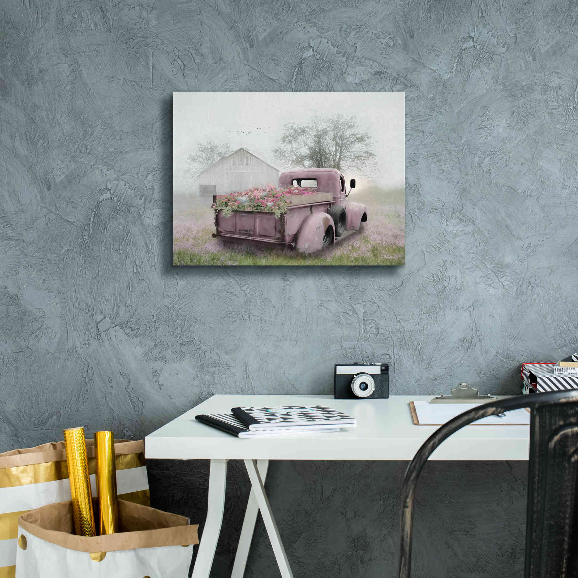 'Pink Flower Truck' by Lori Deiter, Canvas Wall Art,16 x 12