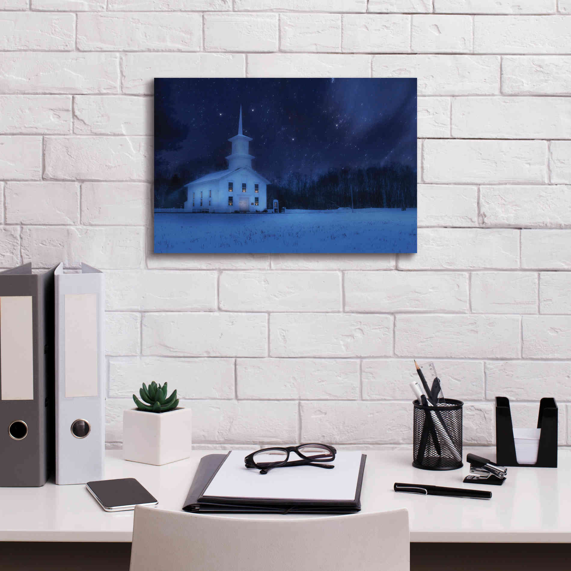 'Starry Night Church' by Lori Deiter, Canvas Wall Art,18 x 12