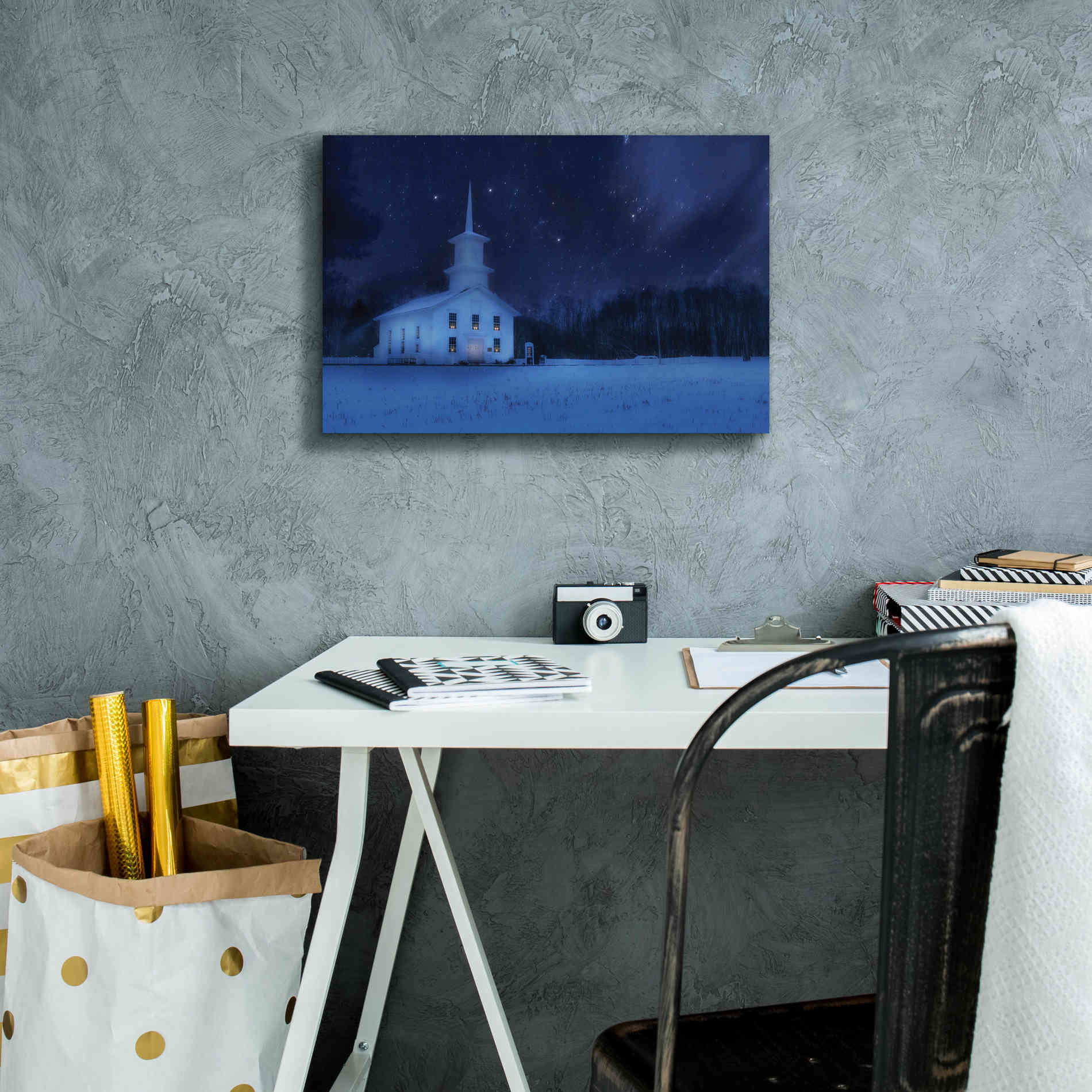 'Starry Night Church' by Lori Deiter, Canvas Wall Art,18 x 12