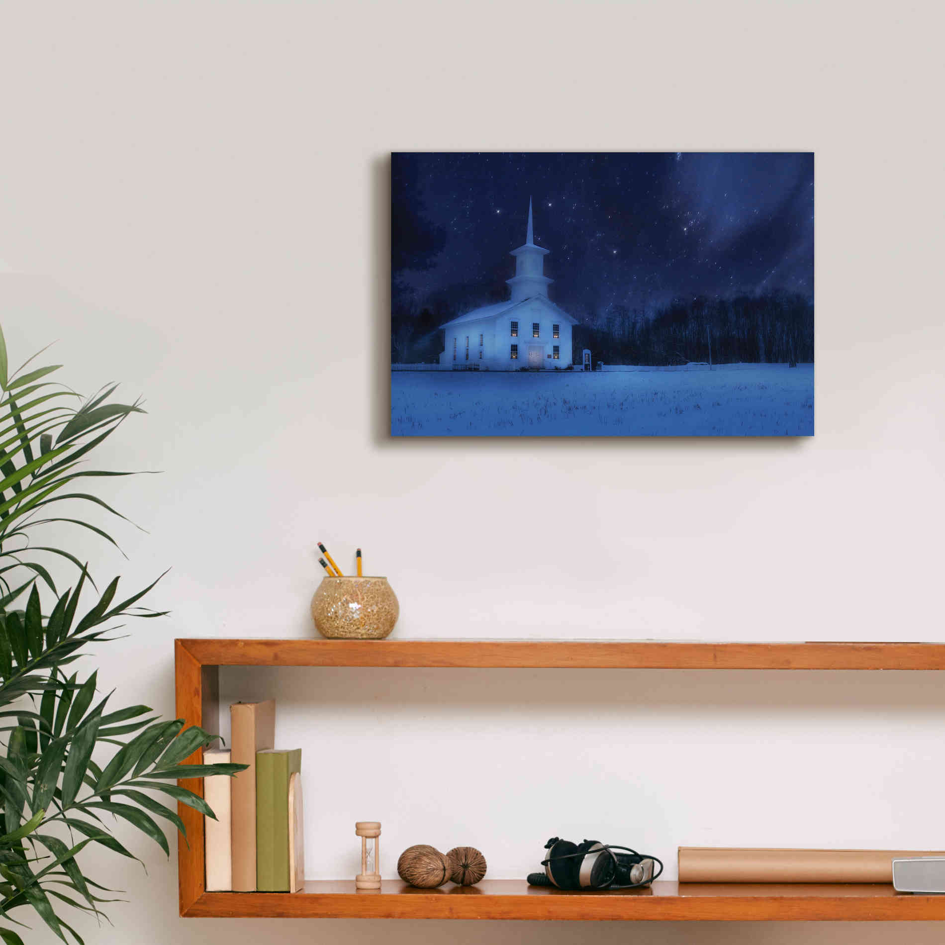 'Starry Night Church' by Lori Deiter, Canvas Wall Art,18 x 12