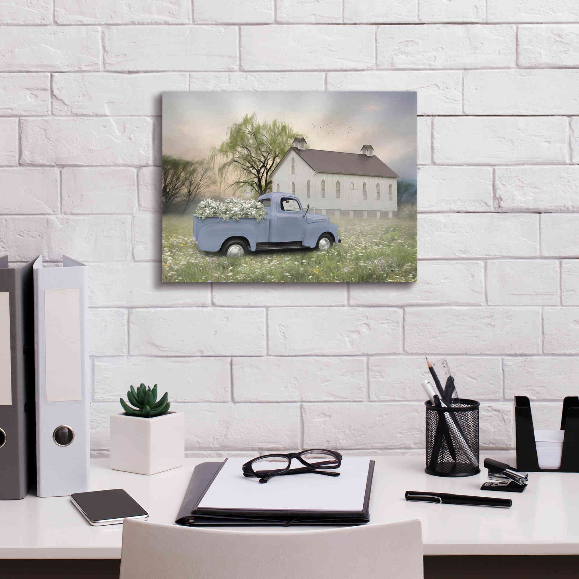 'Blue Ford at Barn' by Lori Deiter, Canvas Wall Art,16 x 12