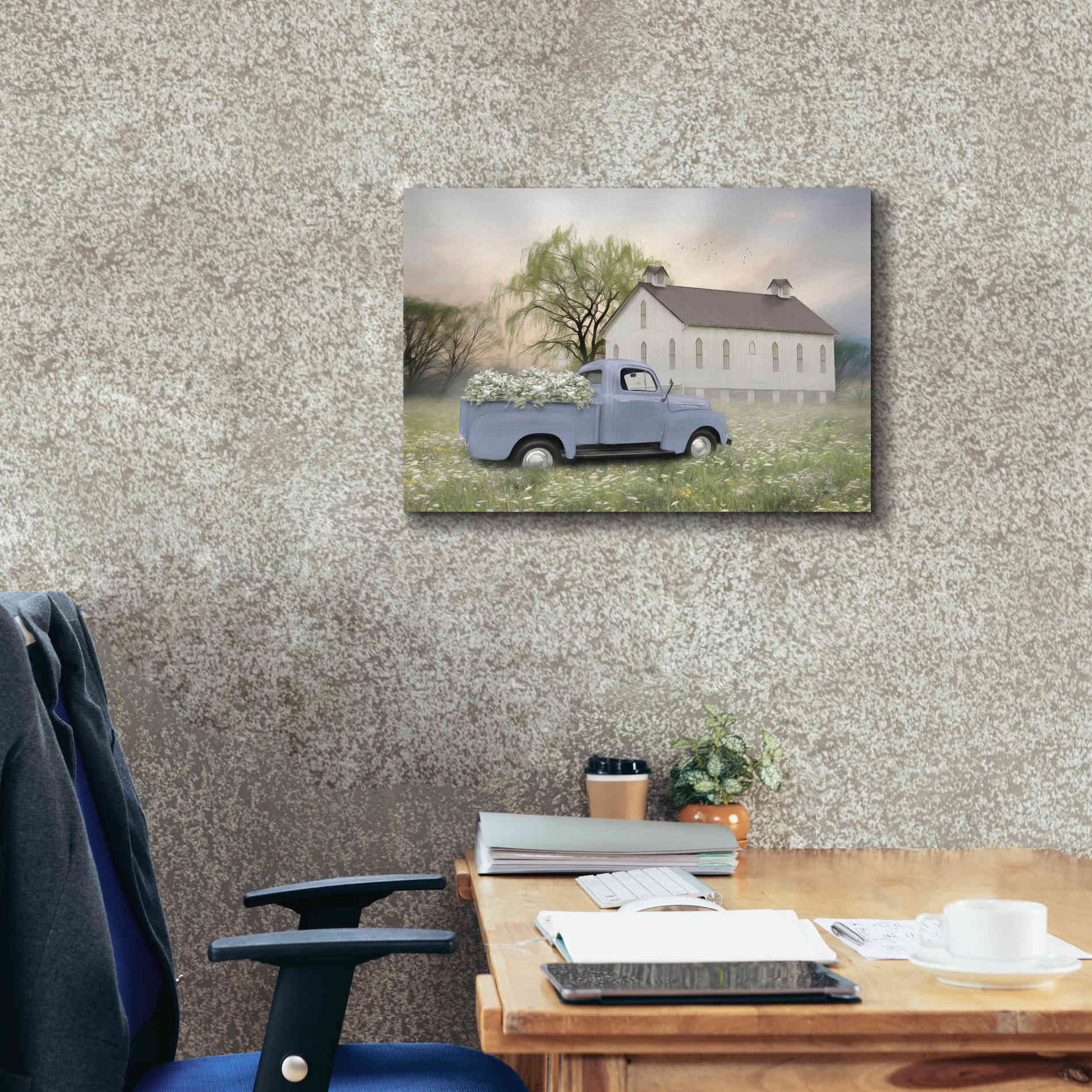 'Blue Ford at Barn' by Lori Deiter, Canvas Wall Art,26 x 18