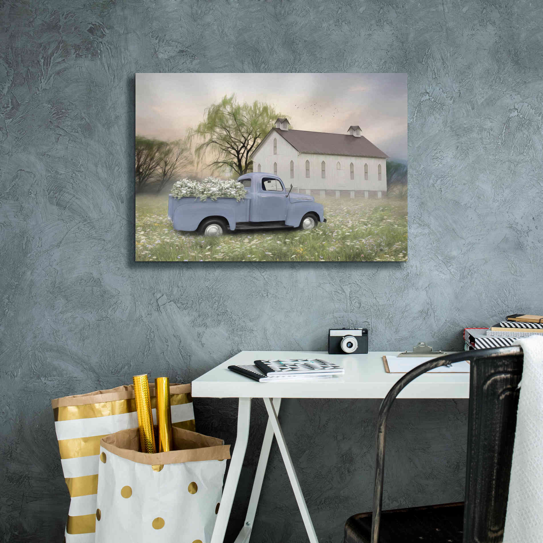 'Blue Ford at Barn' by Lori Deiter, Canvas Wall Art,26 x 18